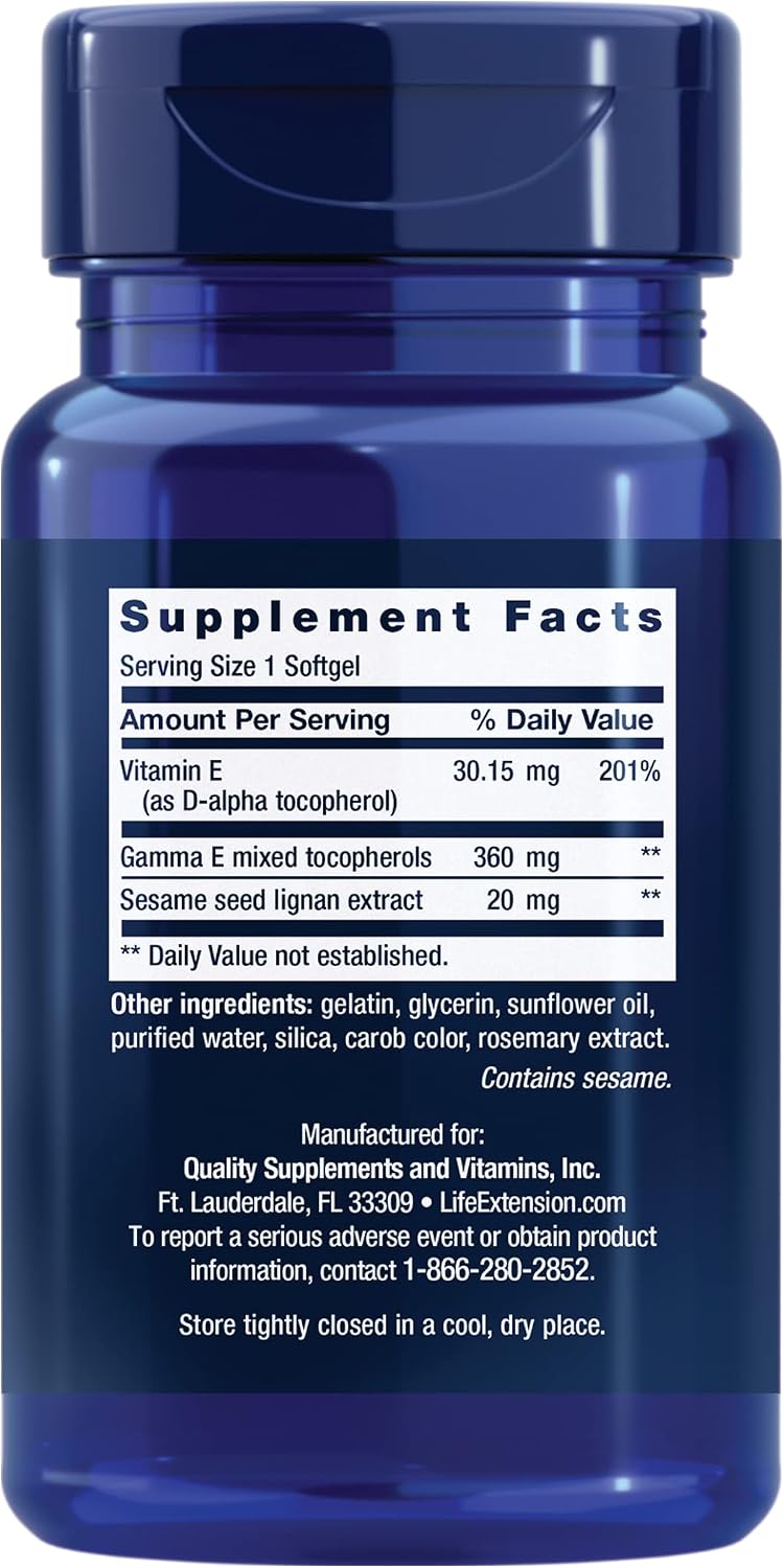 Life Extension Gamma E Mixed Tocopherols, Healthy Aging, Vitamin E Supplement, Enhanced with Sesame lignans, Gluten-Free, Non-GMO