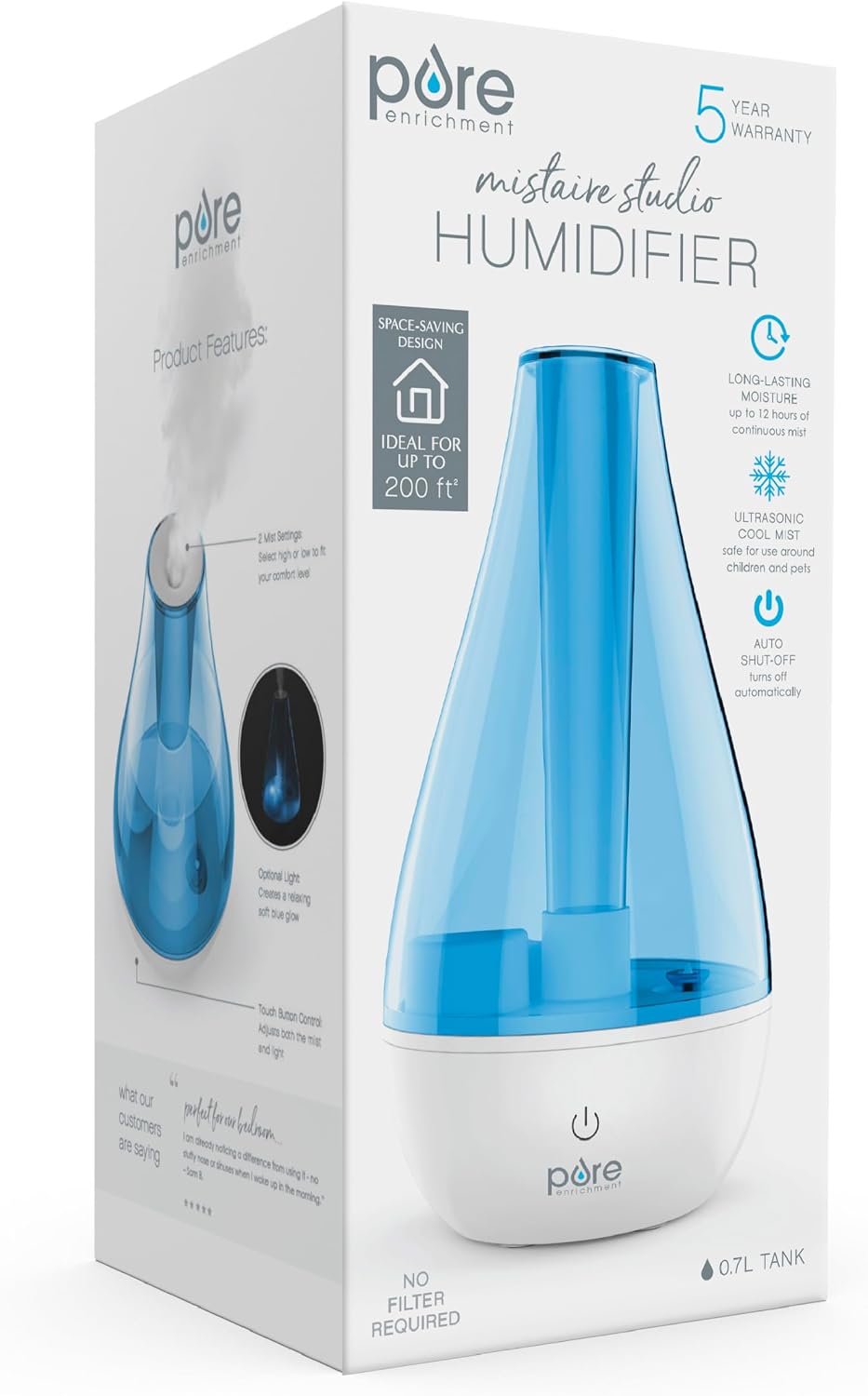 Pure Enrichment MistAire Ultrasonic Cool Mist Humidifier - Quiet Air Humidifier for Bedroom, Nursery, Office, & Indoor Plants - Lasts Up To 25 Hours