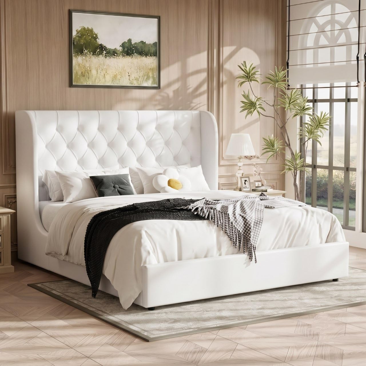 HOMBCK Full Size Bed Frame with Headboard, Upholstered Platform Bed, White | Velvet Tufted Curved Wingback/Wooden Slats Support/No Box Spring Needed/Noise-Free/Easy Assembly