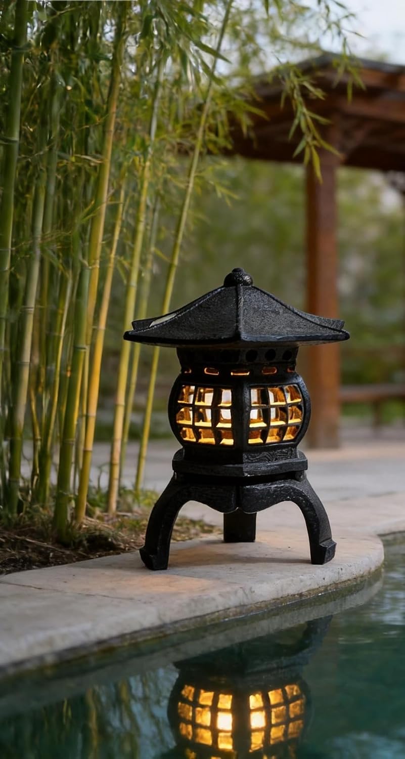 TIAAN Japanese Garden Lantern, “Yukimi-gata” Designed, Super Bright LED Illuminated Pagoda Light, Solar Power Garden Lantern， Stone-Look Finish
