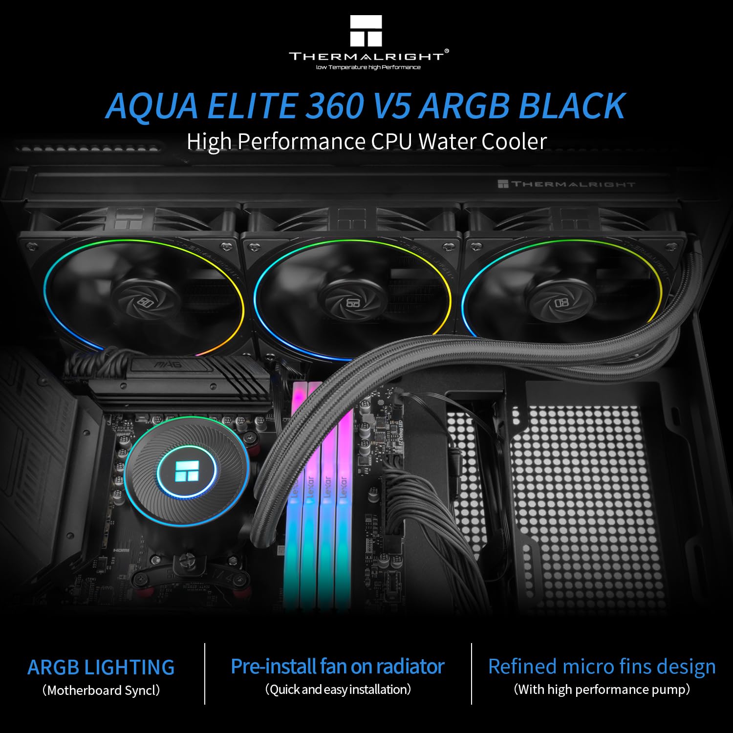 Thermalright Aqua Elite 360 V5 ARGB Black-CPU Liquid Cooler,Pump Speed-2800RPM,for AM4/AM5,Intel LGA1150/1151/1200 /1851/1700,High-Performance Radiator