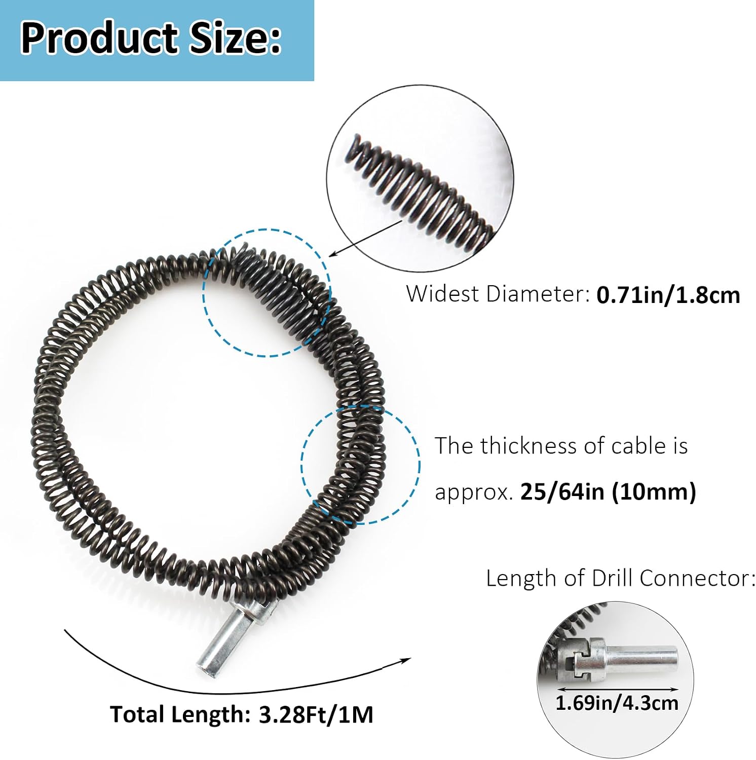 Amonk Drain Auger Cable 3.28Ft Clog Remover with Drill Connector 10mm Flexible Plumbing Snake Pipe Drain Cleaner for Kitchen, Bathroom and Shower Sink