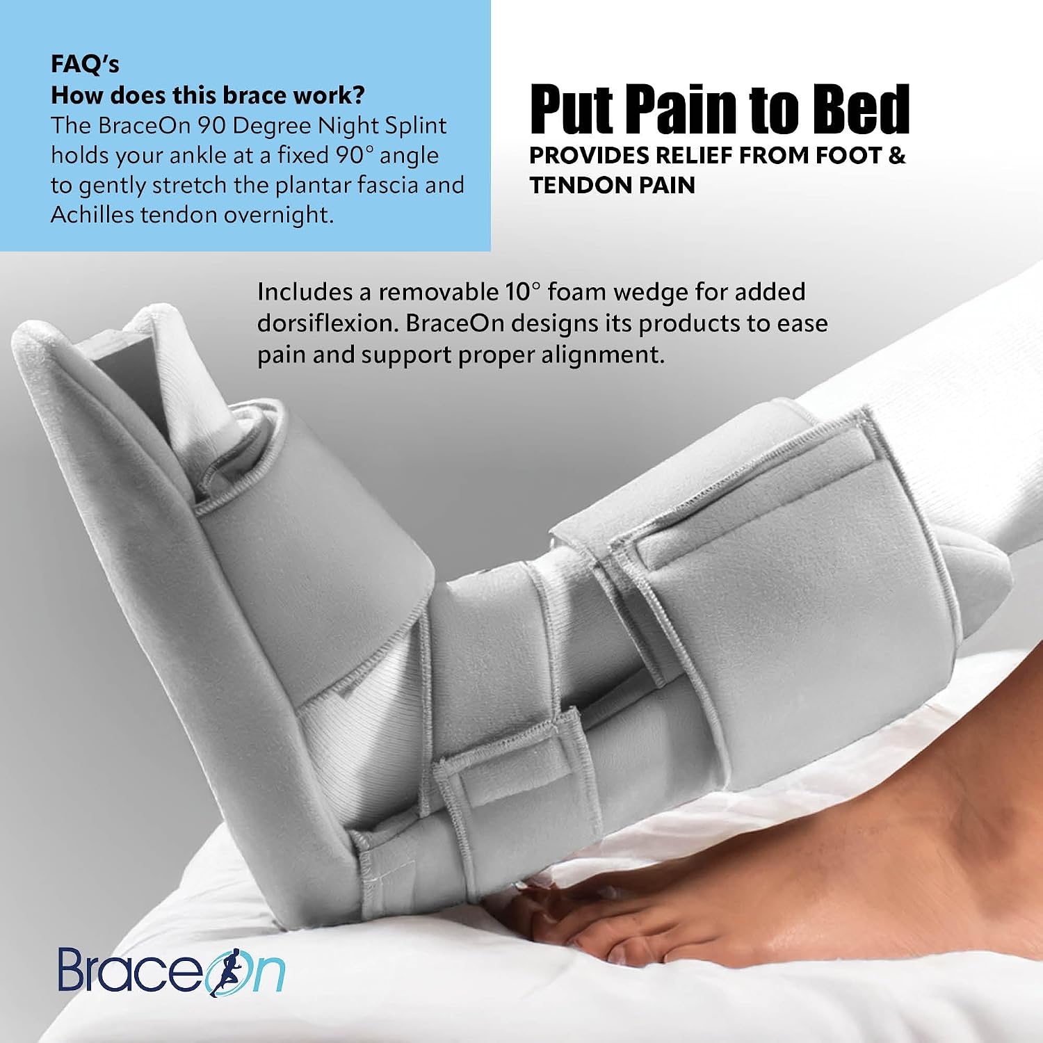 Brace On 90 Degree Night Splint, 3 Straps, Adjustable, Foam Wedge, Medium | Fits Men's Shoe Size 6-8 and Women's 7.5-9.5, Overnight Positioning, Ultra-Soft Materials, Removable Foam Wedge