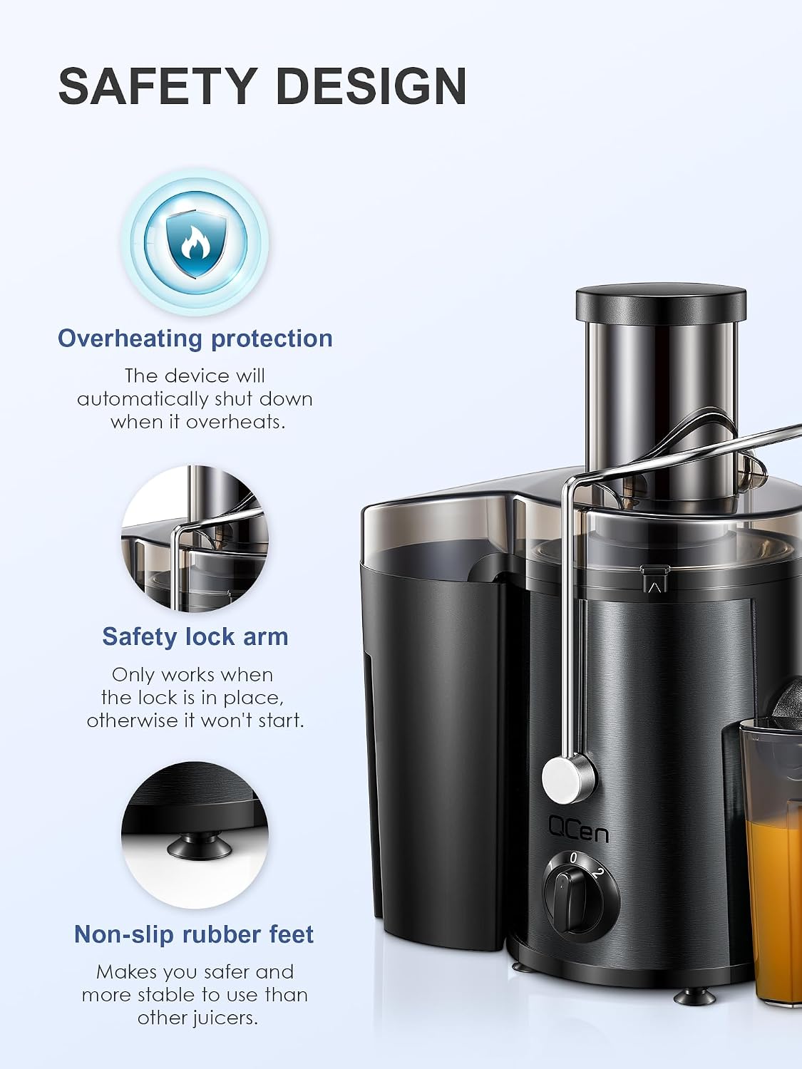 QCen Juicer Machine 500W Centrifugal Juicer with Extra Wide Feed Chute