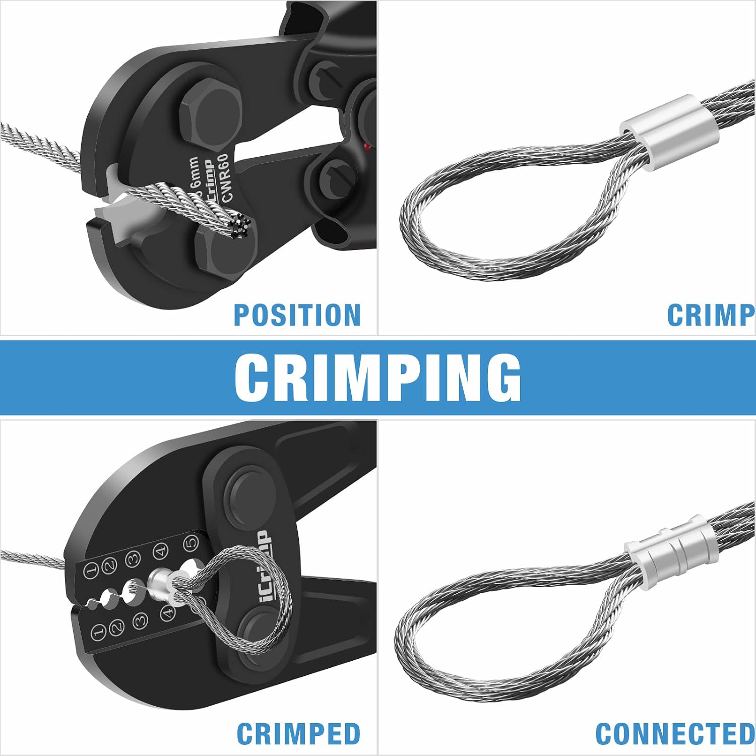iCrimp Wire Rope Crimping Tool for Aluminum Loop Sleeve, Two Barrel Ferrule, Oval Sleeves, 3/64 in to 1/8 in, Swaging Tool Kit with Wire Rope Cutter