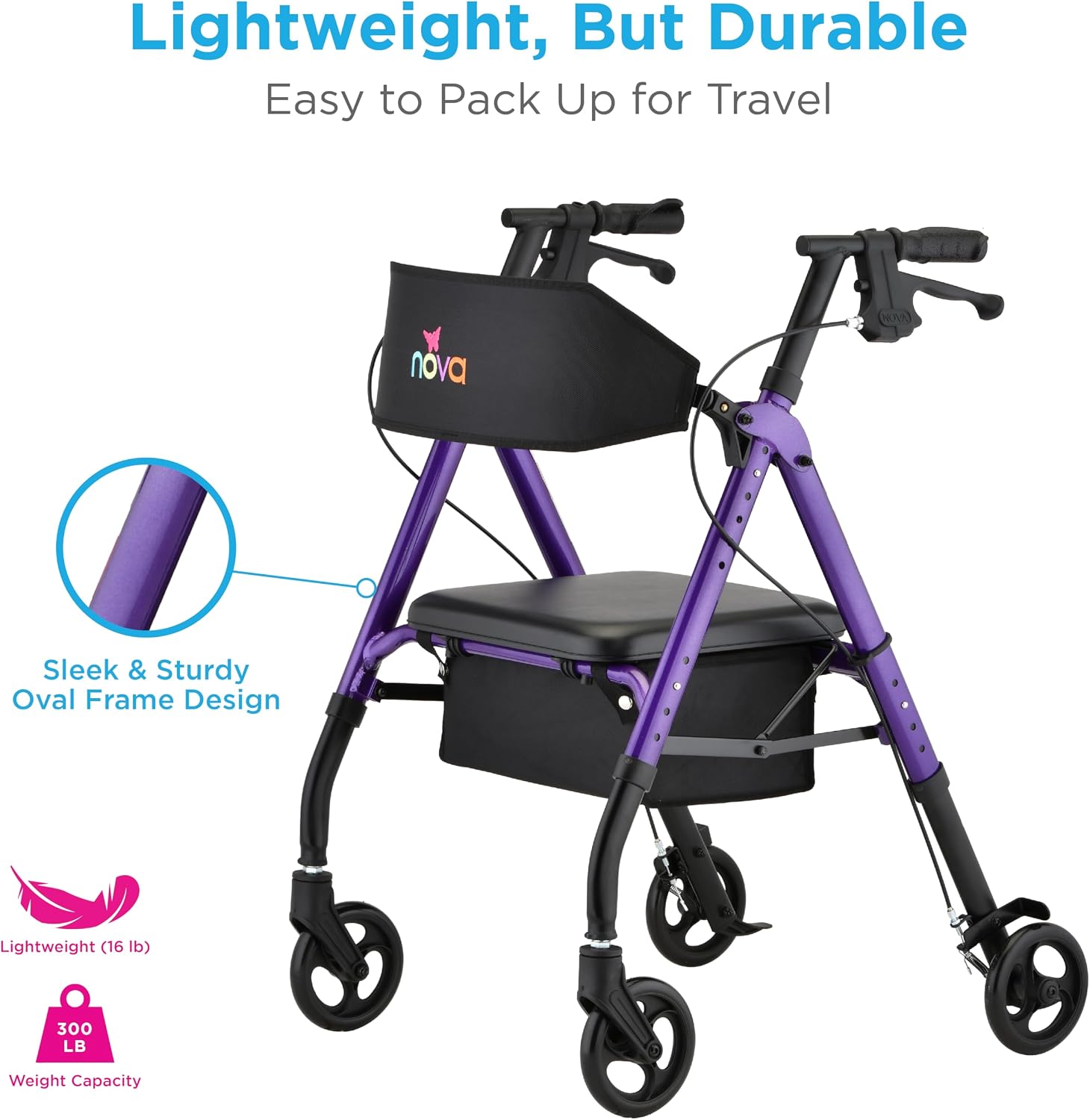 NOVA Star 6 Foldable Rollator Walker for Seniors, Wide Padded Backrest with Seat, 6” All-Terrain Wheels, Easy-Grip Locking Hand Brakes, Height Adjustable, Blue