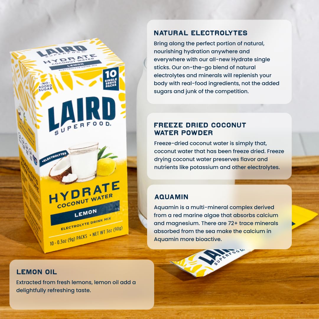 Laird Superfood HYDRATE Coconut Water Powder Drink Supplement with Coconut Water and Auqamin, All Natural, No Added Sugars, Gluten-Free, Non-GMO, Vegan, 8 oz. Bag, Pack of 1