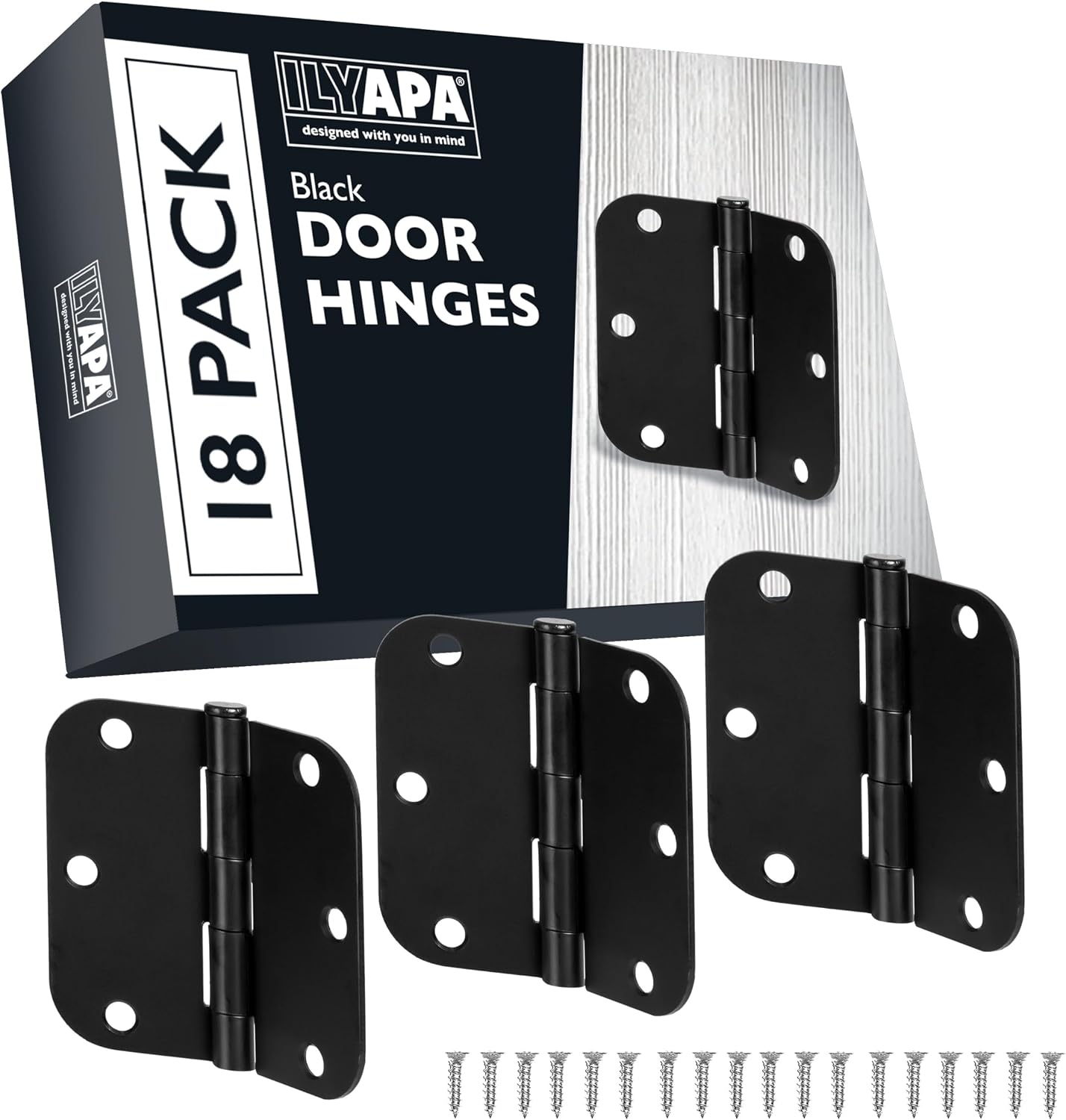 Ilyapa Door Hinges, 3.5x3.5 Inch - Satin Nickel, 18 Pack, Includes Mounting | 5/8 Inch Radius Corners, For Standard Interior Doors, Satin Nickel Finish, Screws