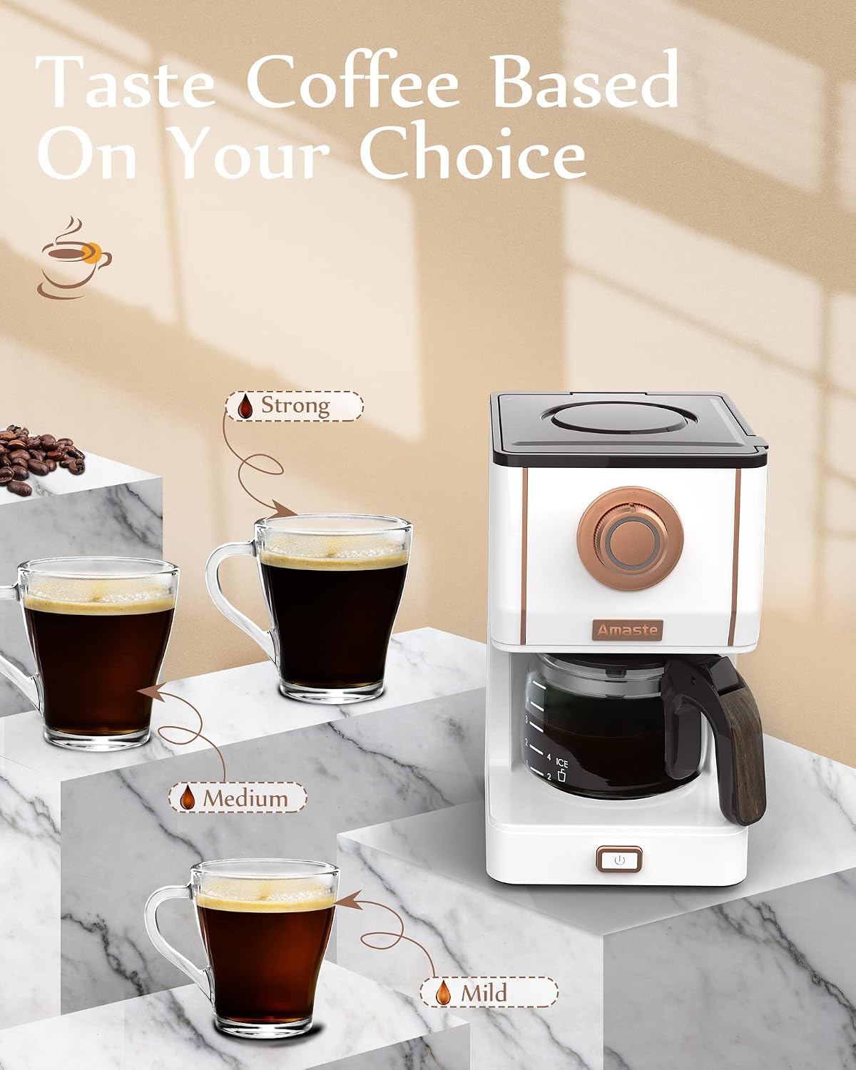 Amaste Drip Coffee Maker, Coffee Machine with 25 Oz Glass Coffee Pot, Retro Style Coffee Maker with Reusable Filter & Three Brewing Modes