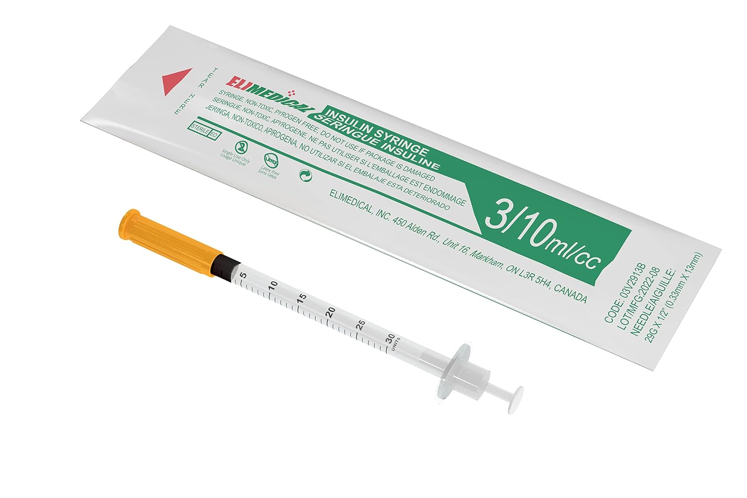 Veterinary Insulin Syringe U-100 0.3cc (ml), 29G x 1/2 inch (12.7mm), Half Unit Marking, Individually Packed, for Pet Cat or Dog, 100 per Box