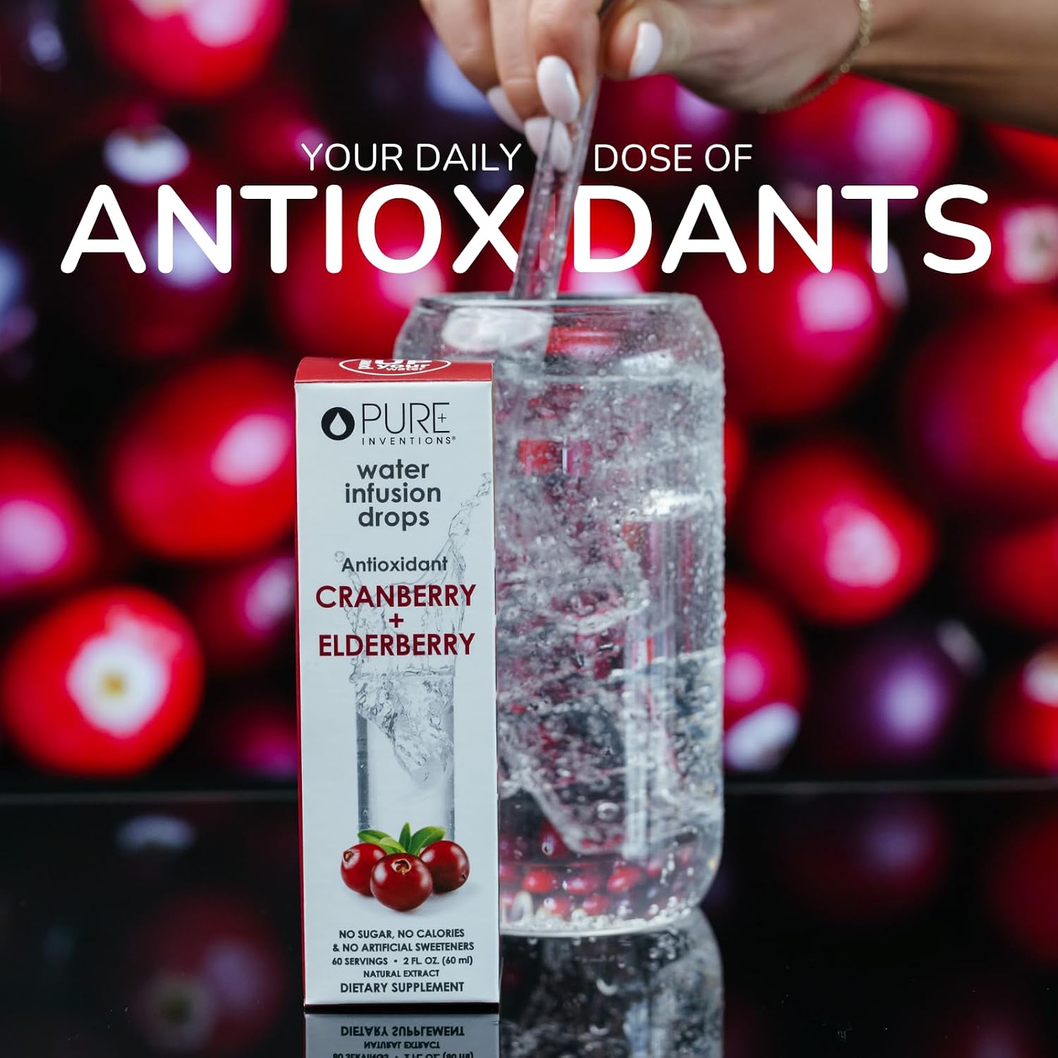 Pure Inventions Water Enhancer Drops - Refreshing and Delicious - Antioxidants, Electrolytes - No Sugar, Calories, or Artificial Sweeteners - Cranberry and Elderberry (60 Servings)