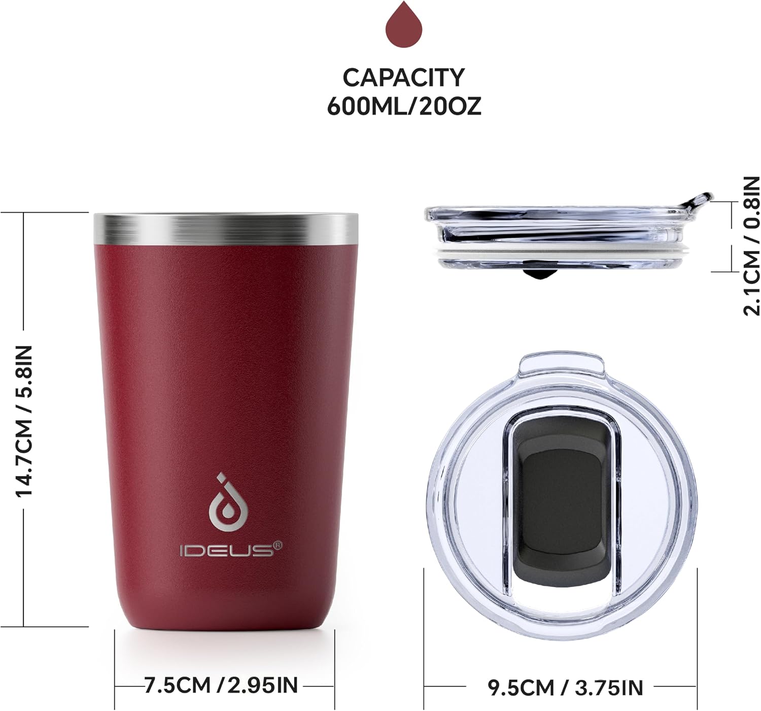 Ideus 20 oz Tumbler, Travel Coffee Mug with Splash Proof Sliding Lid, Double Wall Stainless Steel Vacuum Insulated Coffee Mug for Home and Office