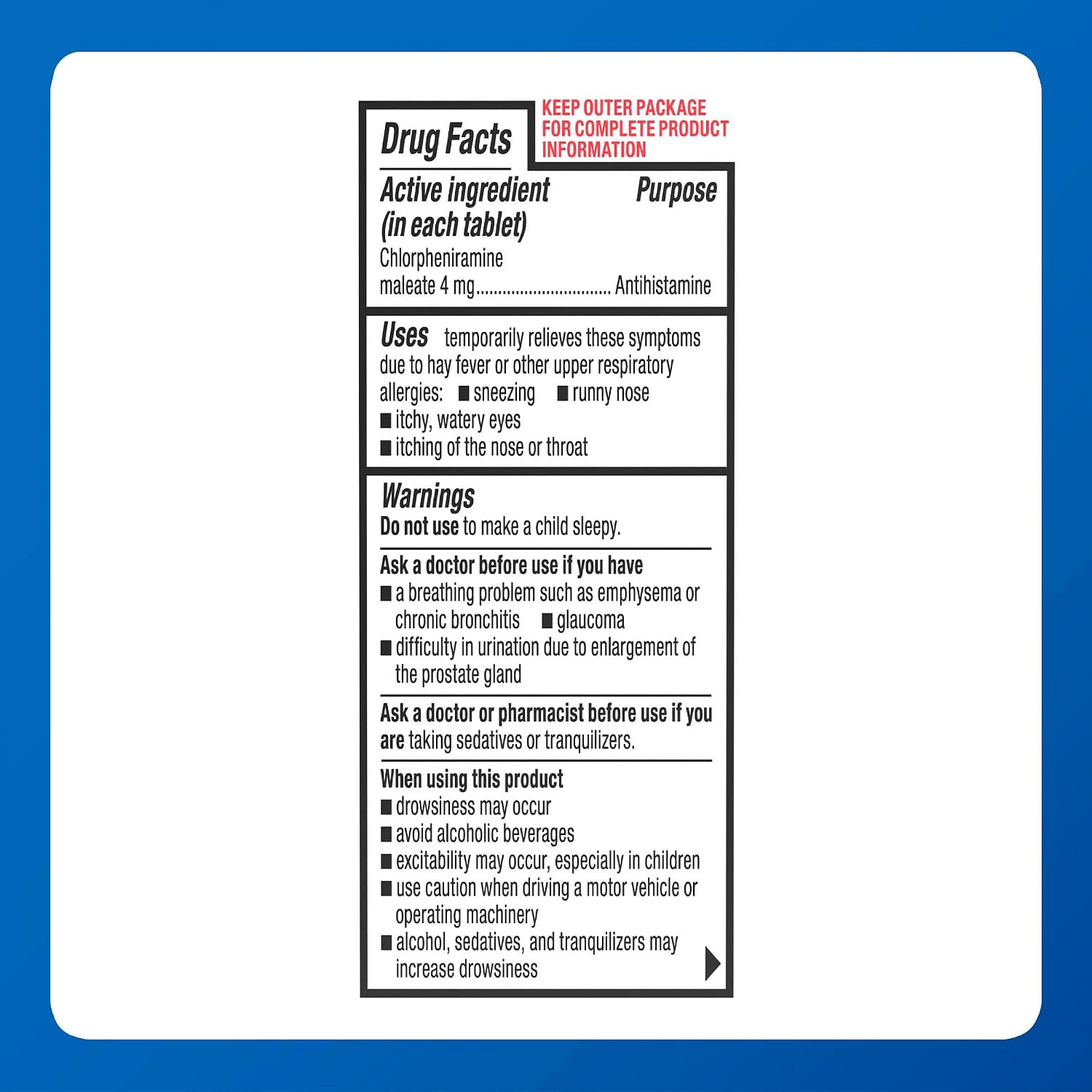 Major 4 Mg Allergy Tablets - Chlorpheniramine Maleate 4-Hour Allergy Medicine - Antihistamine for Relief of Sneezing, Itchy Watery Eyes, Itchy Throat