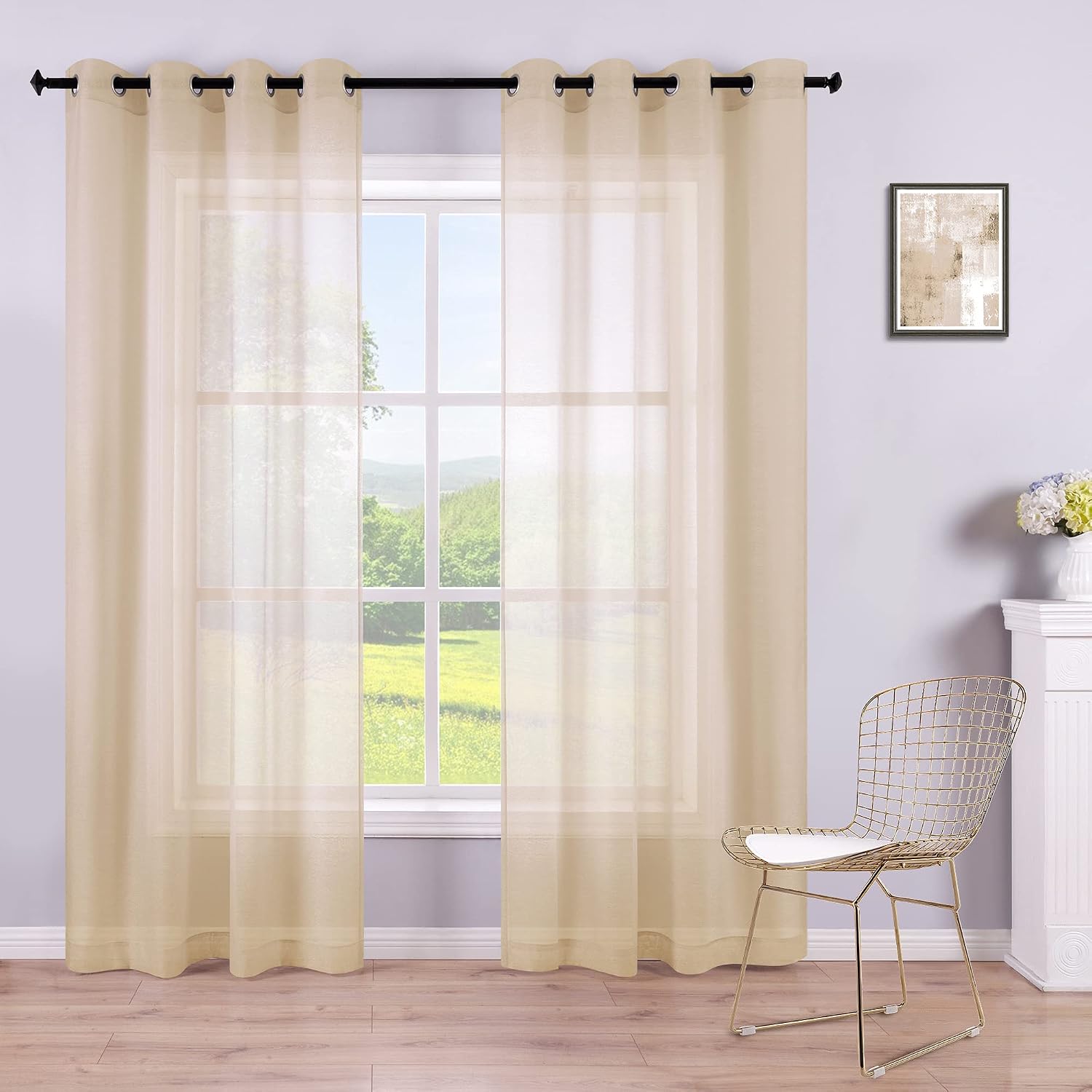 KOUFALL White Sheer Curtains 72 Inches Long for Bedroom Set of 2 Panels Grommet Faux Linen Window Voile Semi Baisc Decorative Sheer Curtains for