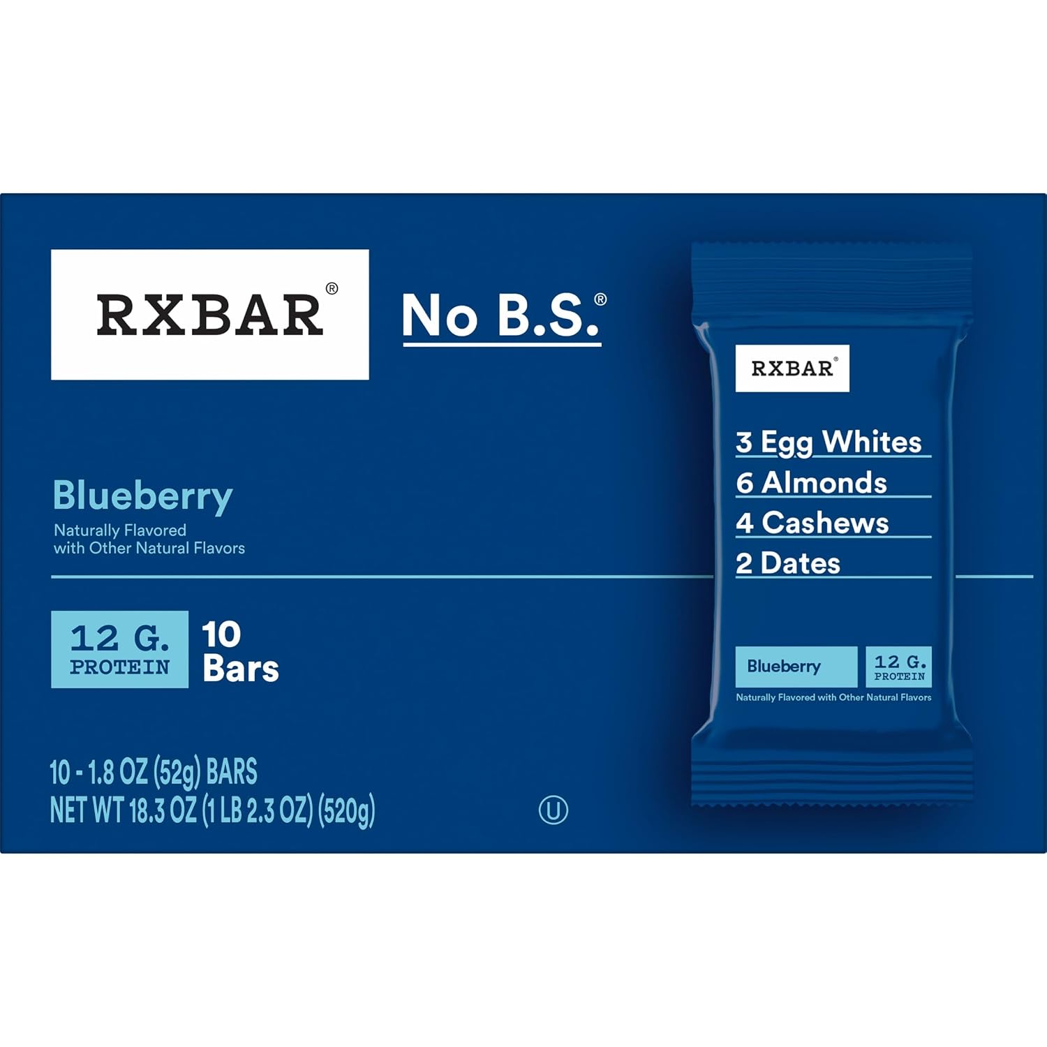 RXBAR Protein Bars, 12g Protein, Gluten Free Snacks, Blueberry, 22oz Box (12 Bars)