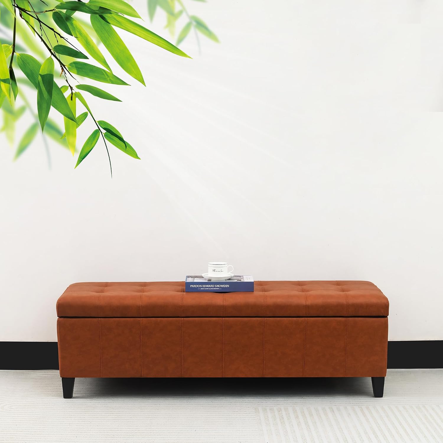 51 Inch Storage Bench,Leather Tufted Storage Ottoman with Legs | Safety Hinges,Wooden Legs,Upholstered,End of Bed,Bedroom,Living Room,Entryway,330LBS,Brown