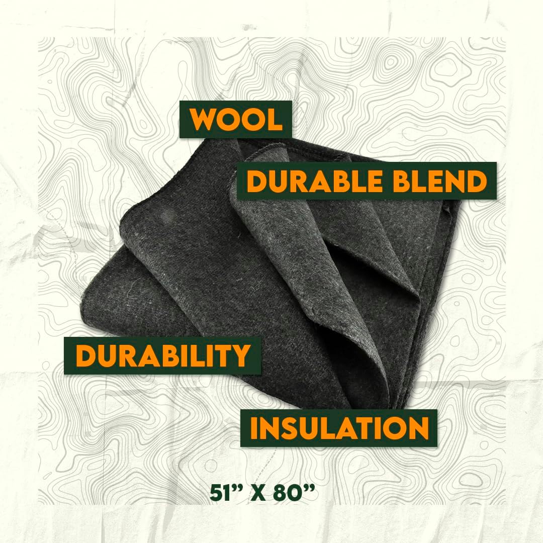 SE 51"x 80" Multipurpose Gray Wool Blanket - 50% Wool, Lightweight 2 lb, Zippered Bag Included - Ideal for Camping, Hiking, Emergency Survival