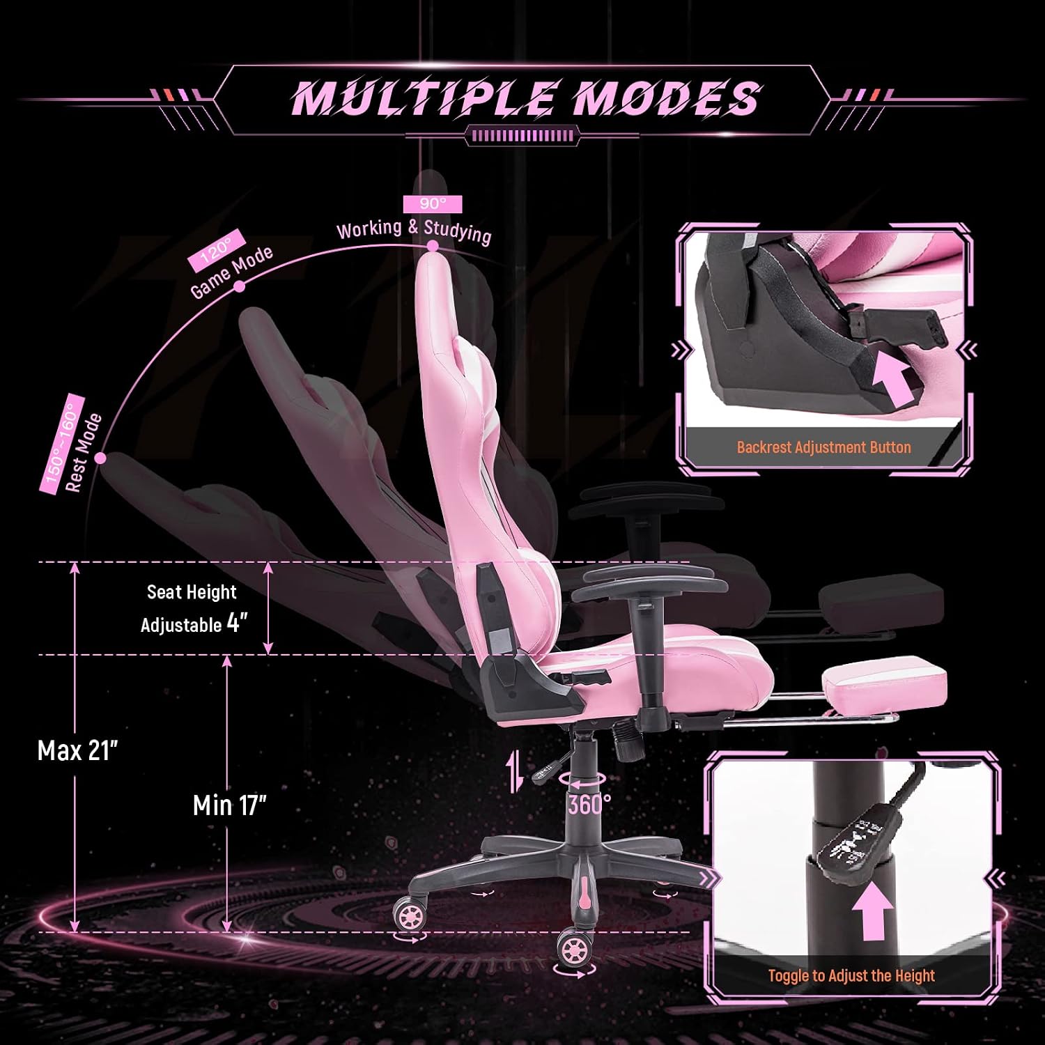AA Products Gaming Chair Ergonomic High Back Computer Racing Chair Adjustable Office Chair with Footrest, Lumbar Support Swivel Chair - Black
