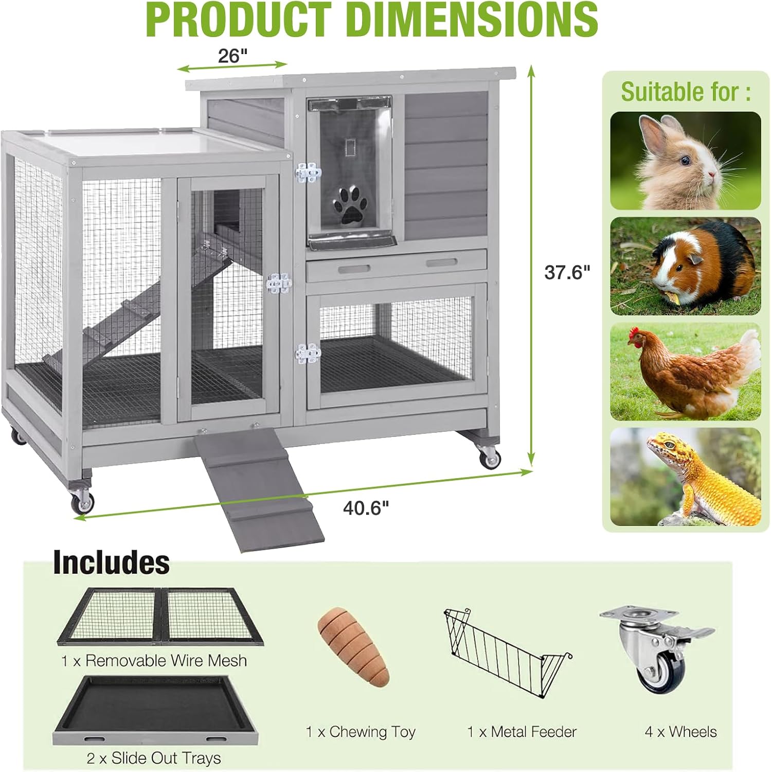 Outdoor Rabbit Hutch Indoor Bunny on Wheels Large Guinea Pig Cage with Run for Any Small Animals,Removable Pull Out Tray