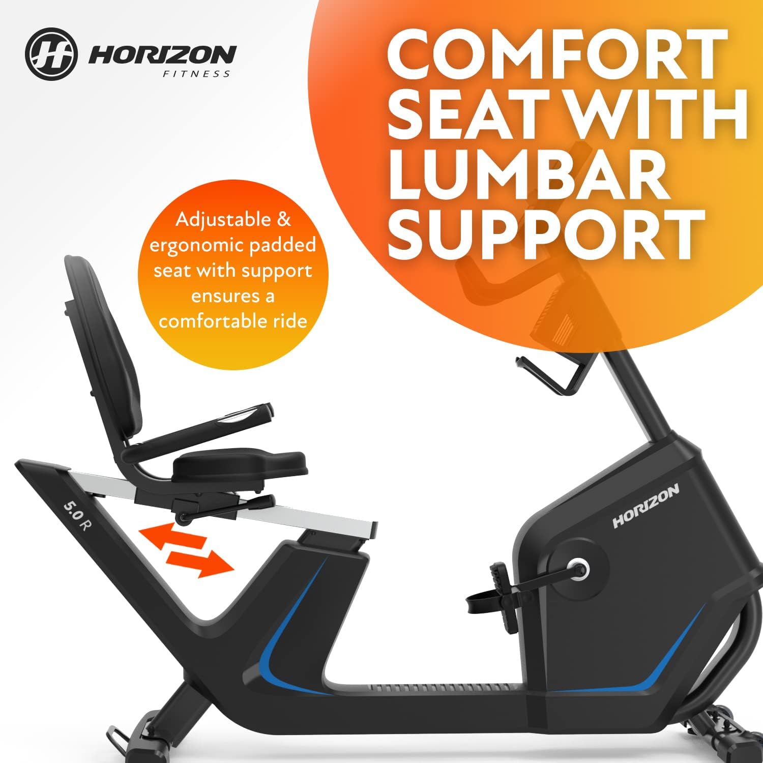 Horizon Fitness 5.0R Recumbent Bike, Fitness & Cardio, Magnetic Resistance Cycling Bike with Bluetooth, Comfort Seat with Lumbar Support