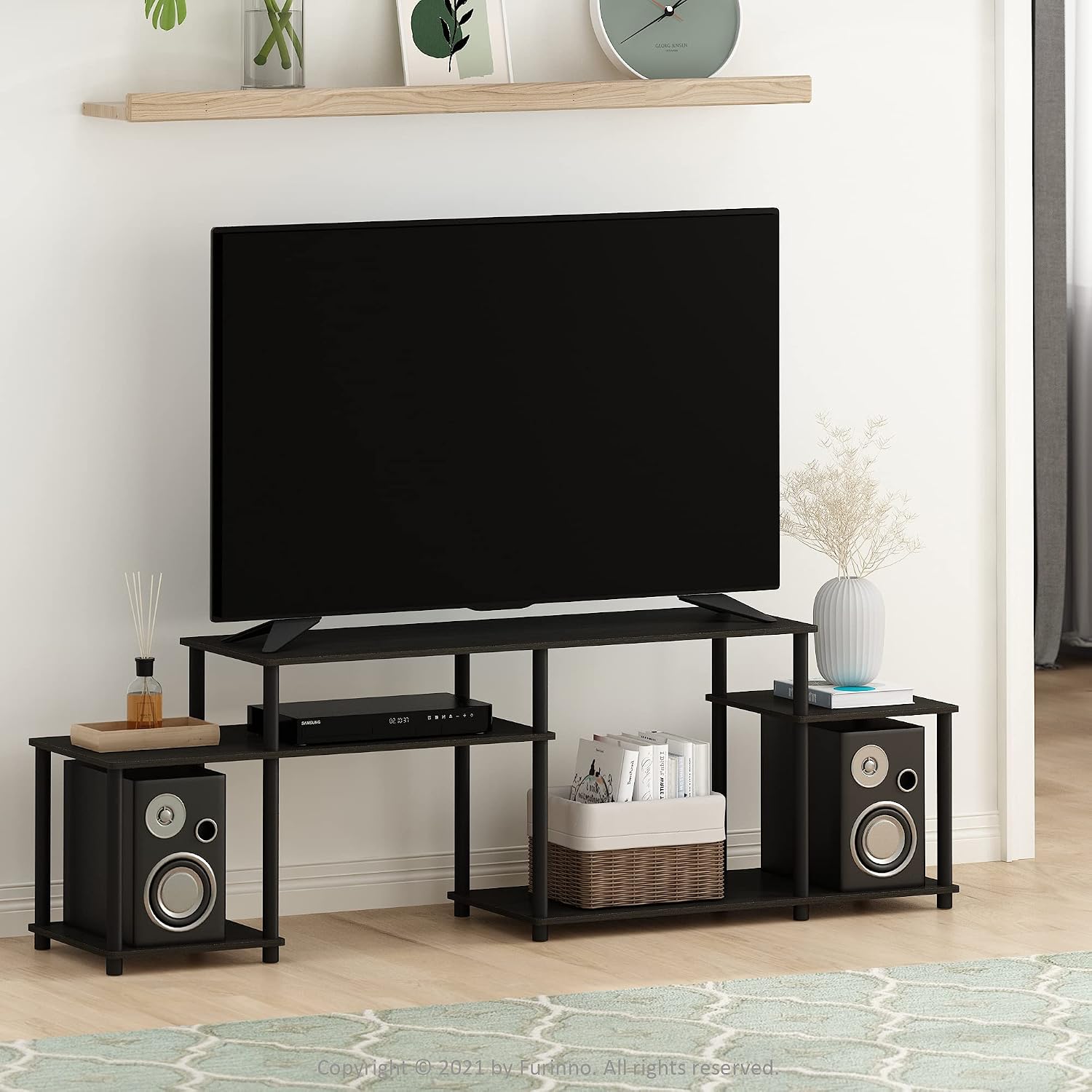 Furinno Nelly TV Stand, 3-Tier Entertainment Center with Open Shelves Storage, TV Console for TV up to 55 Inch, Soft Edges, for Living Room, Bedroom, Black