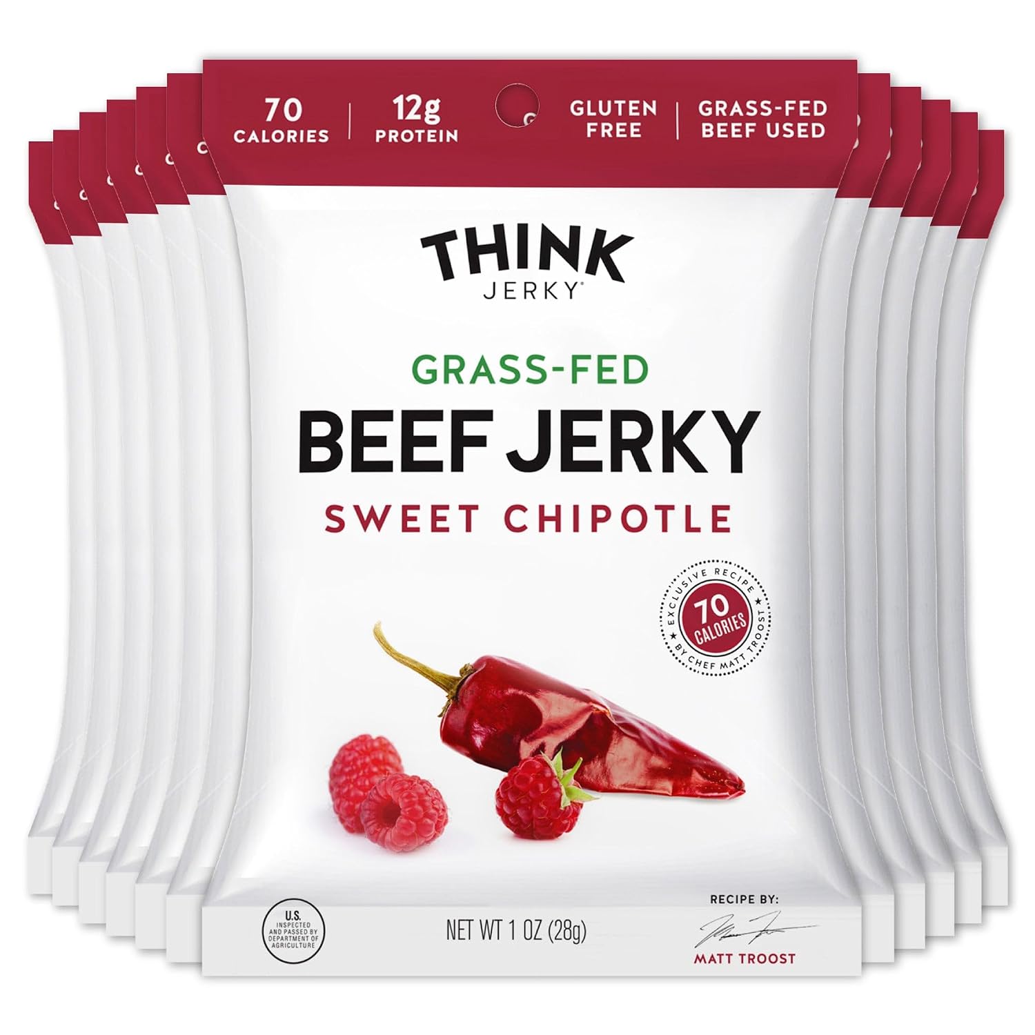 Think Jerky Sesame Teriyaki Beef Jerky, Grass-Fed High Protein Beef Jerky, Gluten Free, No Antibiotics or Nitrates, Healthy Chef Crafted Recipe, Low Calorie and Low Fat - 2.2 oz Bags, 4 Pack
