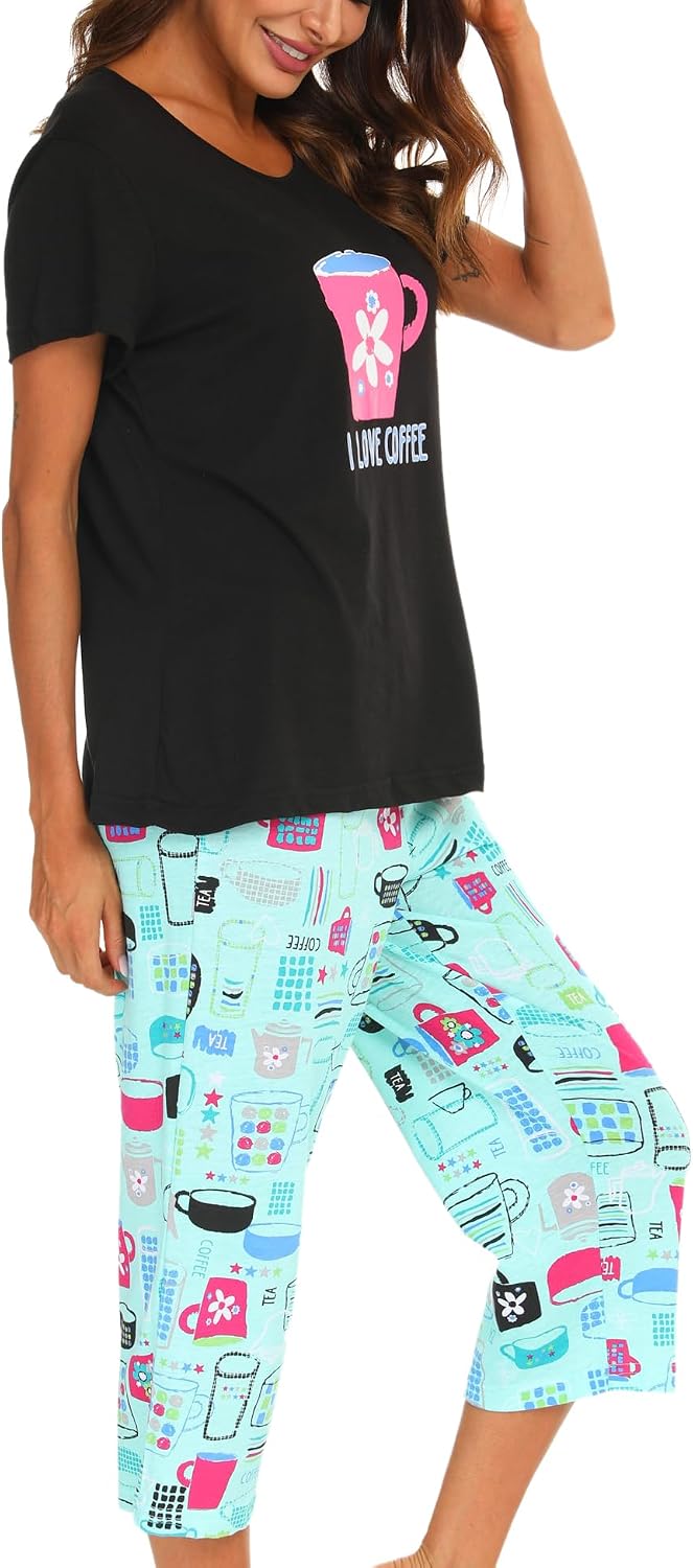 ENJOYNIGHT Womens Pajama Set Cotton Summer Pj Top with Capri Pant Sleepwear