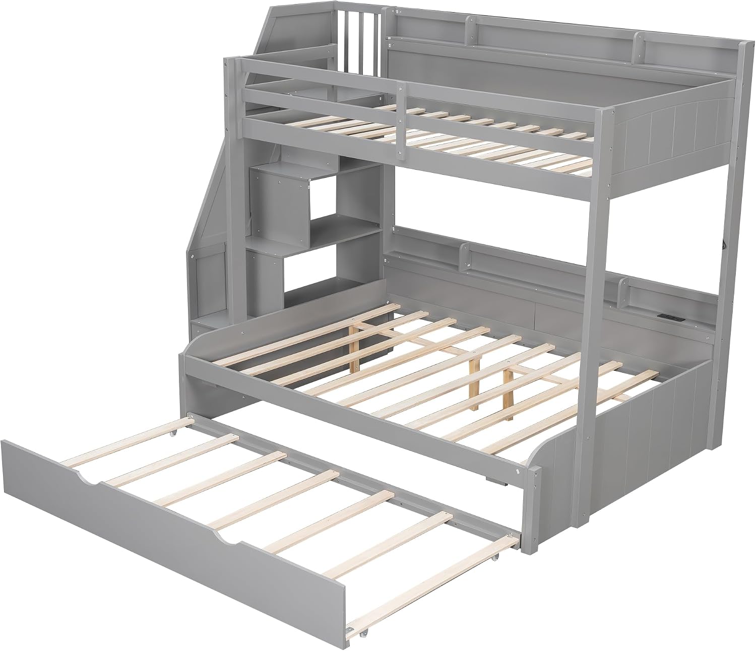 Bellemave Full Over Full Bunk Beds with Stairs Stairway Bunk Bed Frame with Storage Shelves for Teens Adult, Detachable Wood Full Bunk Bed, Gray