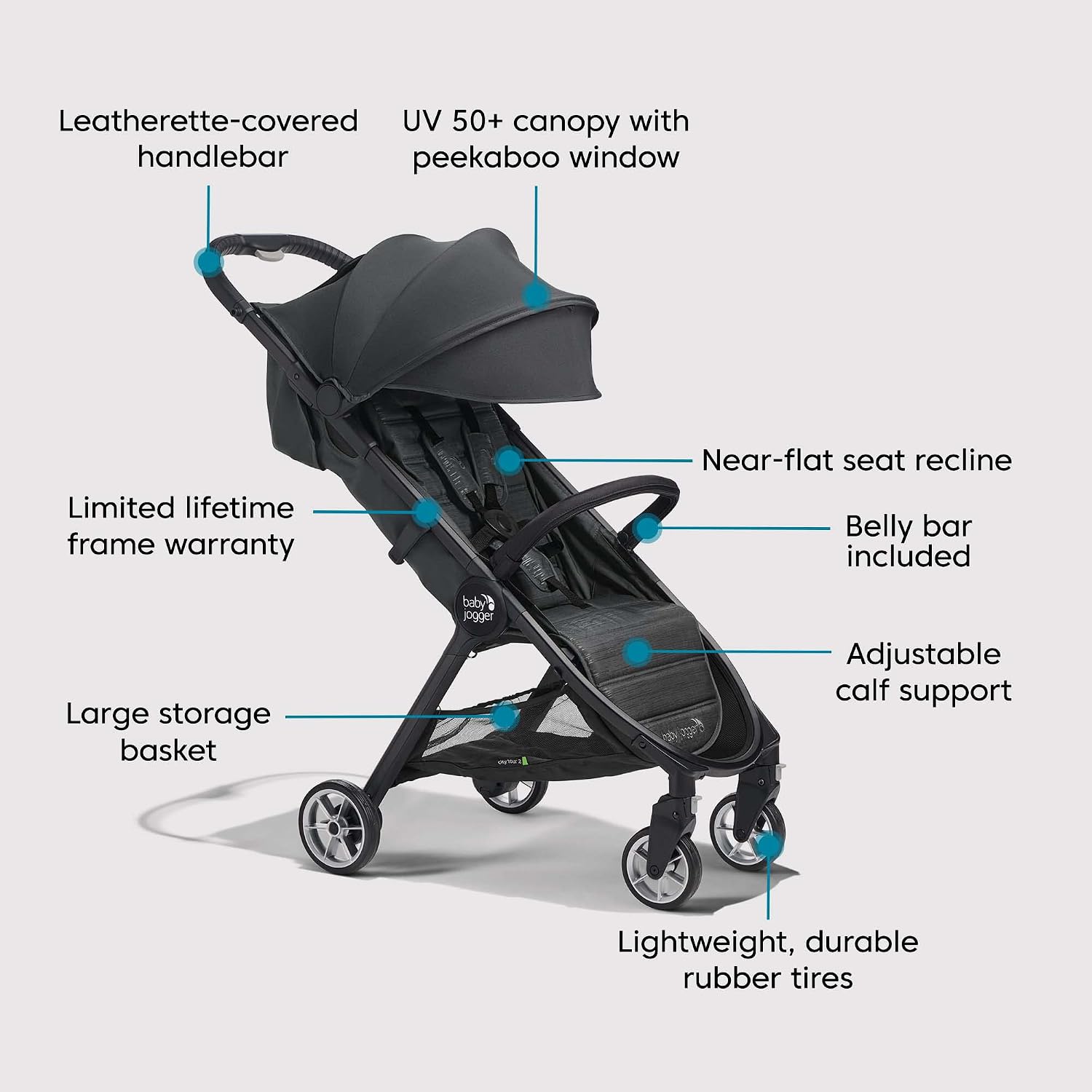Baby Jogger® City Tour 2 Carry-On Approved Travel Stroller, Ultra-Compact Baby Stroller, Lightweight, Easy Fold, Baby Travel Essential, Pitch Black