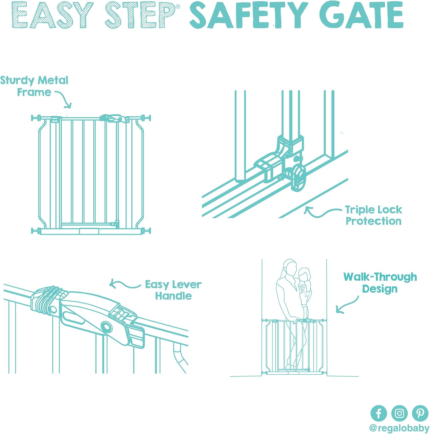 Regalo Safety 29"-49" Extra Wide Baby Gate, Bottom of Stairs & Doorways | Pressure Mounted with Door, For Babies, Toddlers & Pets, White, Tested & Trusted for 30 Years
