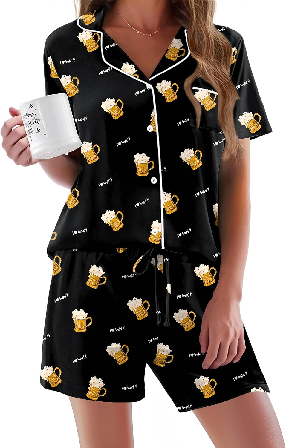 Ekouaer Pajamas Set for Women Short Sleeve Sleepwear Button Down Pj XS-XXXL | Summer 2 Piece Lounge Set, Soft Fabric, Drawstring Waistband, for Bridesmaid Bride Party, Plus Size, Petite, Cute Pattern