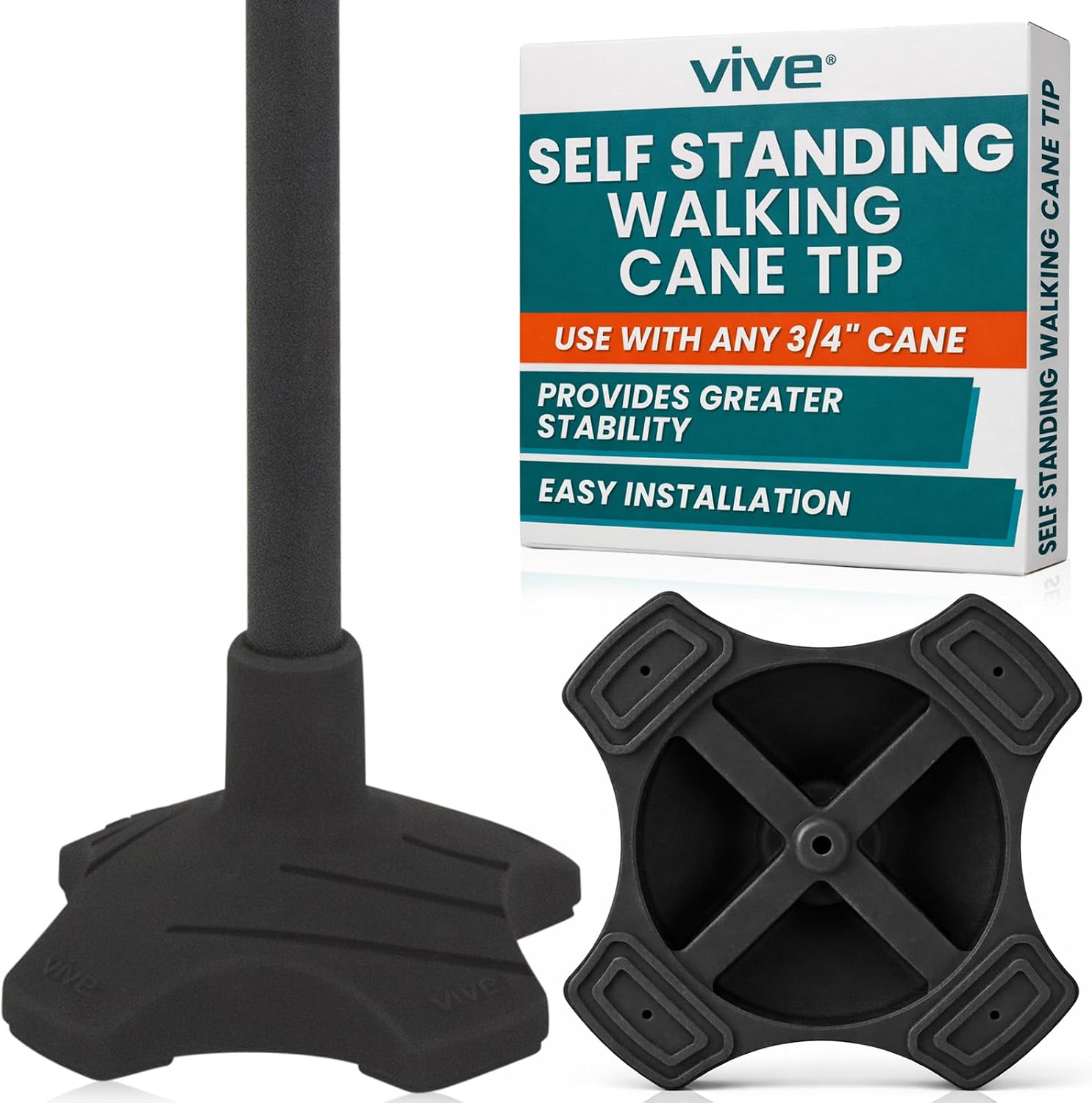 Vive Self Standing Walking Cane Tip 3/4 Inch Heavy Duty Replacement Quad