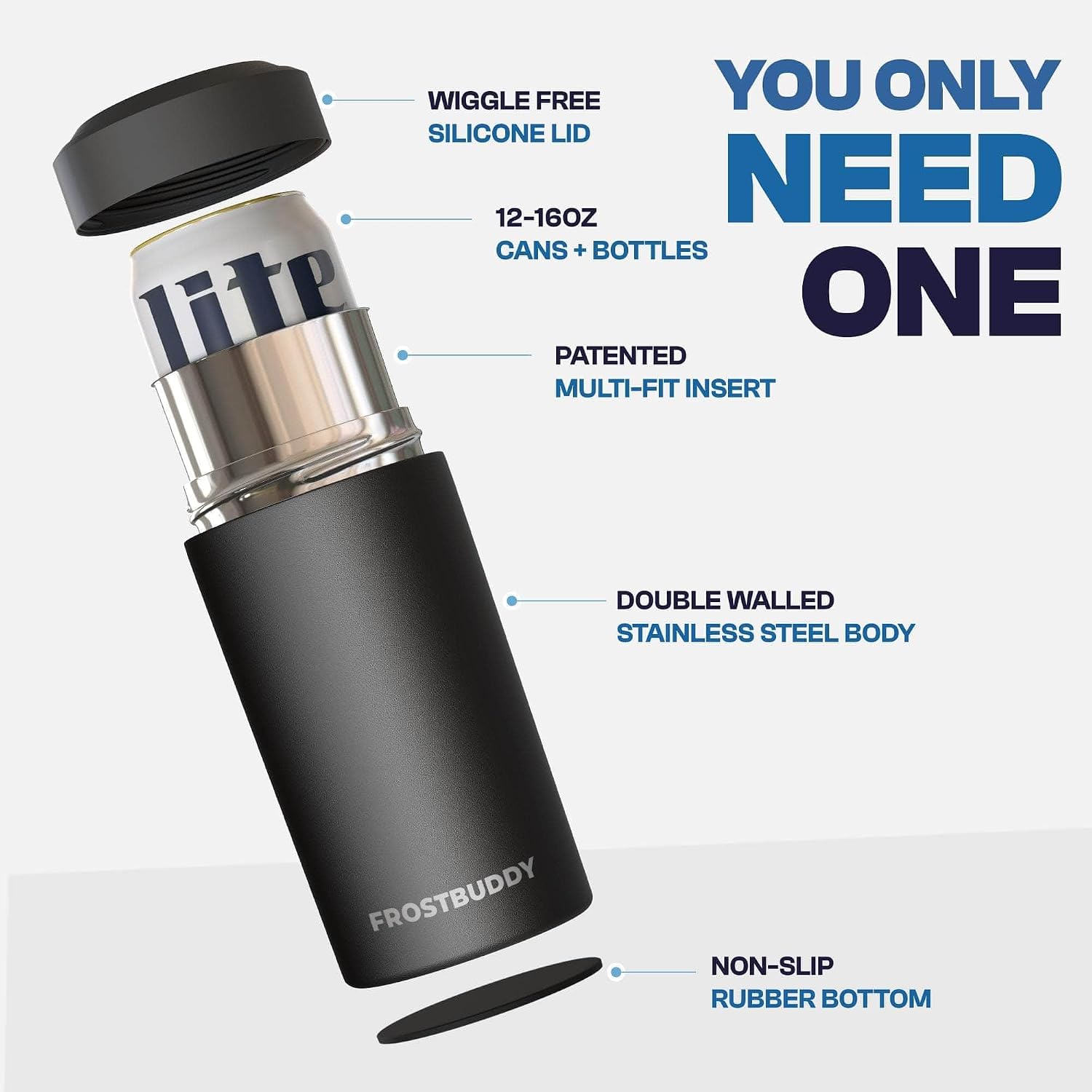 Frost Buddy Universal Can Cooler - Fits Slim Cans, 12 & 16oz (MatteBlack)