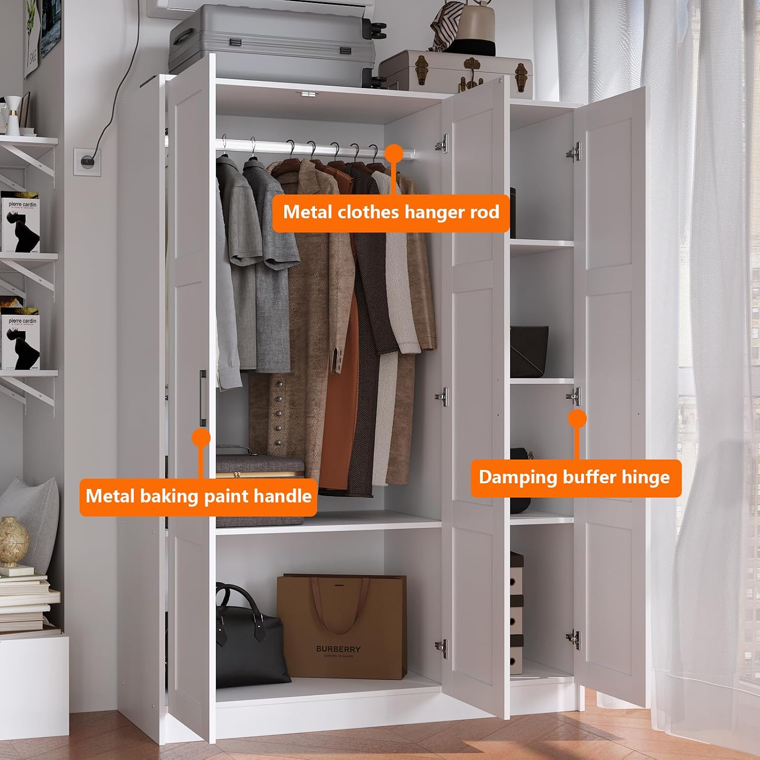 Fenghua Lizhi 3 Doors Wooden Wardrobe Closet Armoire, White Storage Cabinet for Hanging Clothes, Bedroom Large Capacity Freestanding Armoire,Wood Wardrobe Combination with Shelves