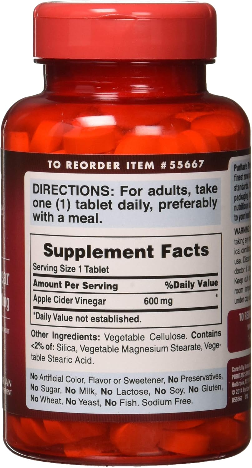 Puritan's Pride Apple Cider Vinegar 600mg, 200 Tablets