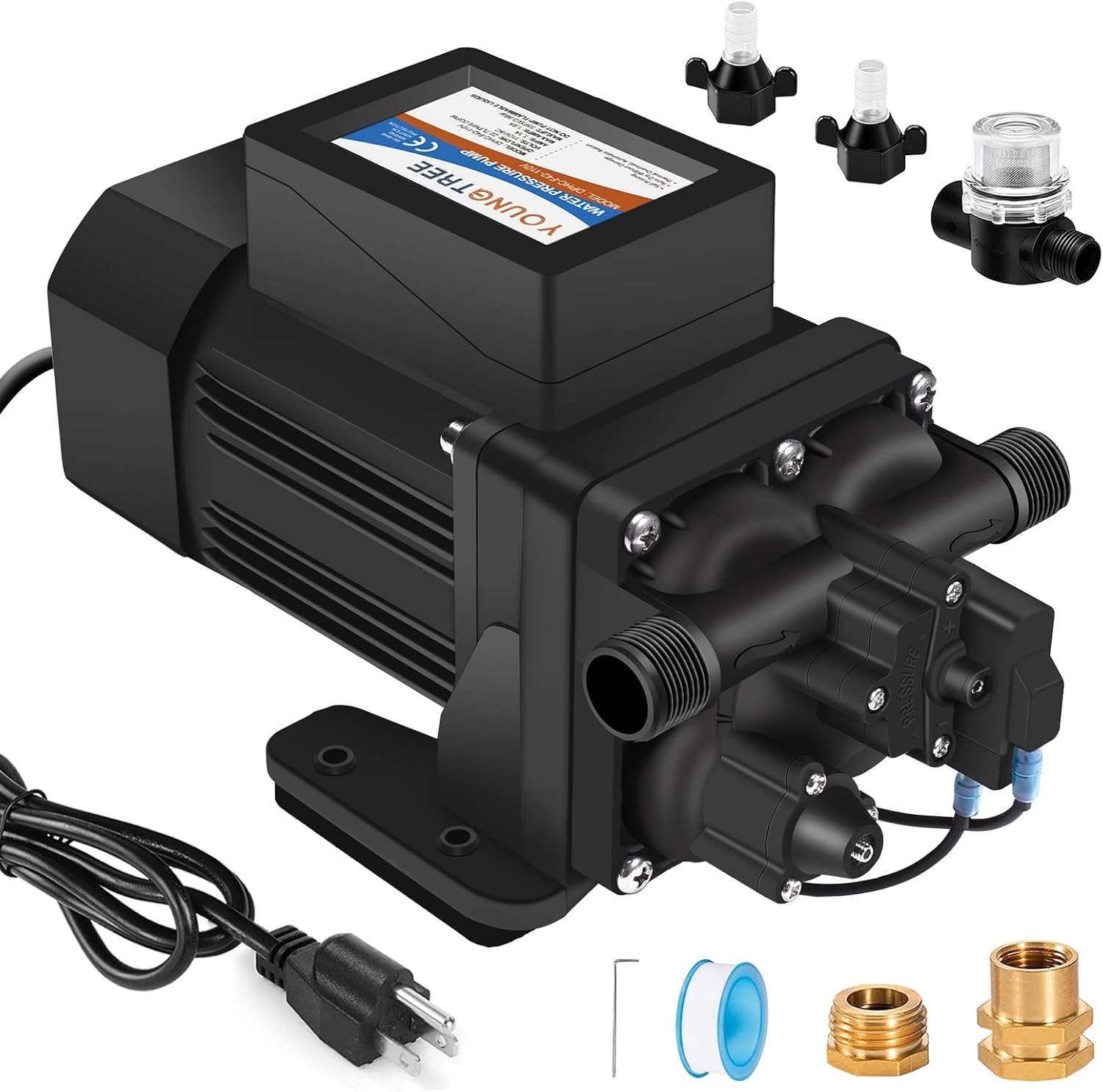 YOUNGTREE RV Water Pressure Diaphragm Pump 110V 4.0GPM 50PSI On Demand Fresh Water Transfer Pump 110Volt AC with Garden Hose Adapters for Irrigation Home Pool Draining Sprinkler