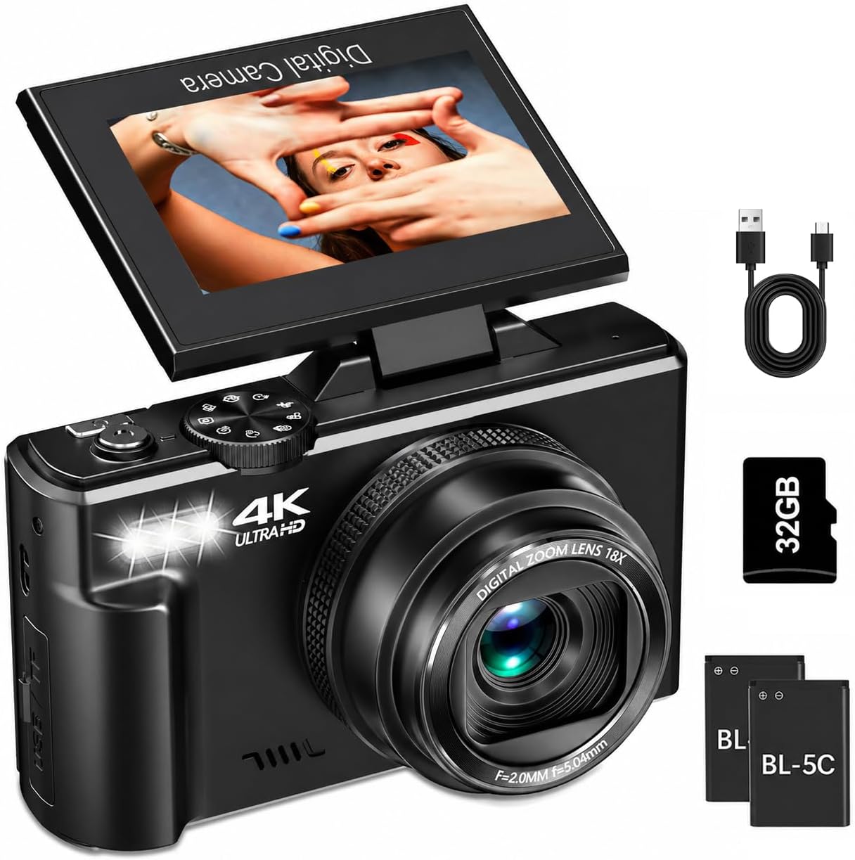 4K Digital Camera for Photography, 64MP Vlogging Camera for YouTube with 3" 180° Flip Screen, WiFi Compact Camera with 18X Digital Zoom, Comes with 32GB Micro SD Card & 2 Batteries, Black