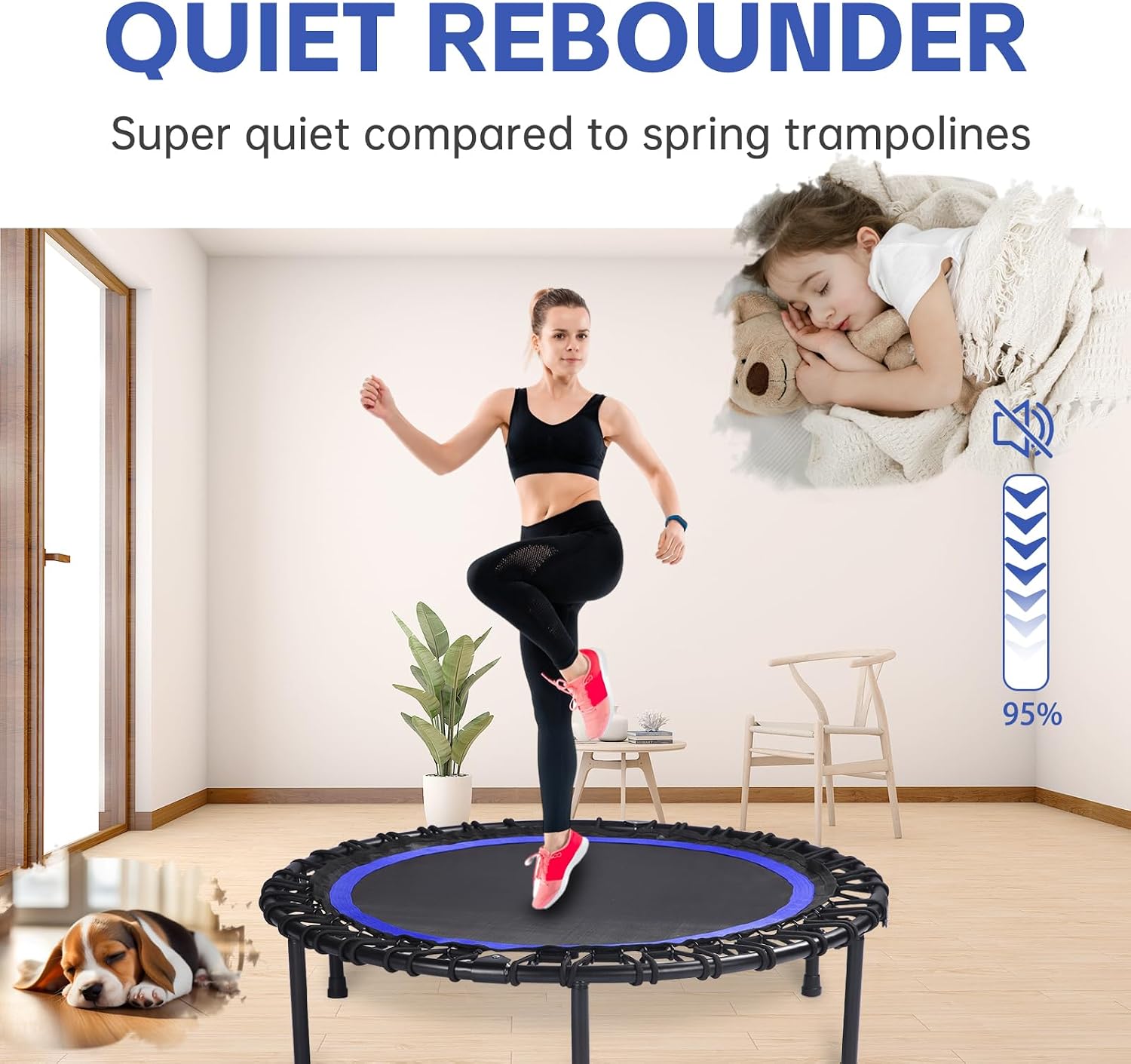 40" Mini Trampoline for Adults, Fitness Rebounder with Elastic Bands, Indoor Exercise Trampoline, Low Impact Workout Equipment for Home Gym