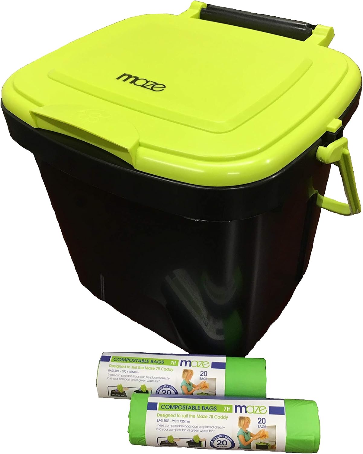 MAZE Two Stage 65 gal Compost Tumbler with Large Double Doors and Open Frame and Comes with Maze Compost Cart, 1.85 Gal Kitchen Caddie Compost Bin