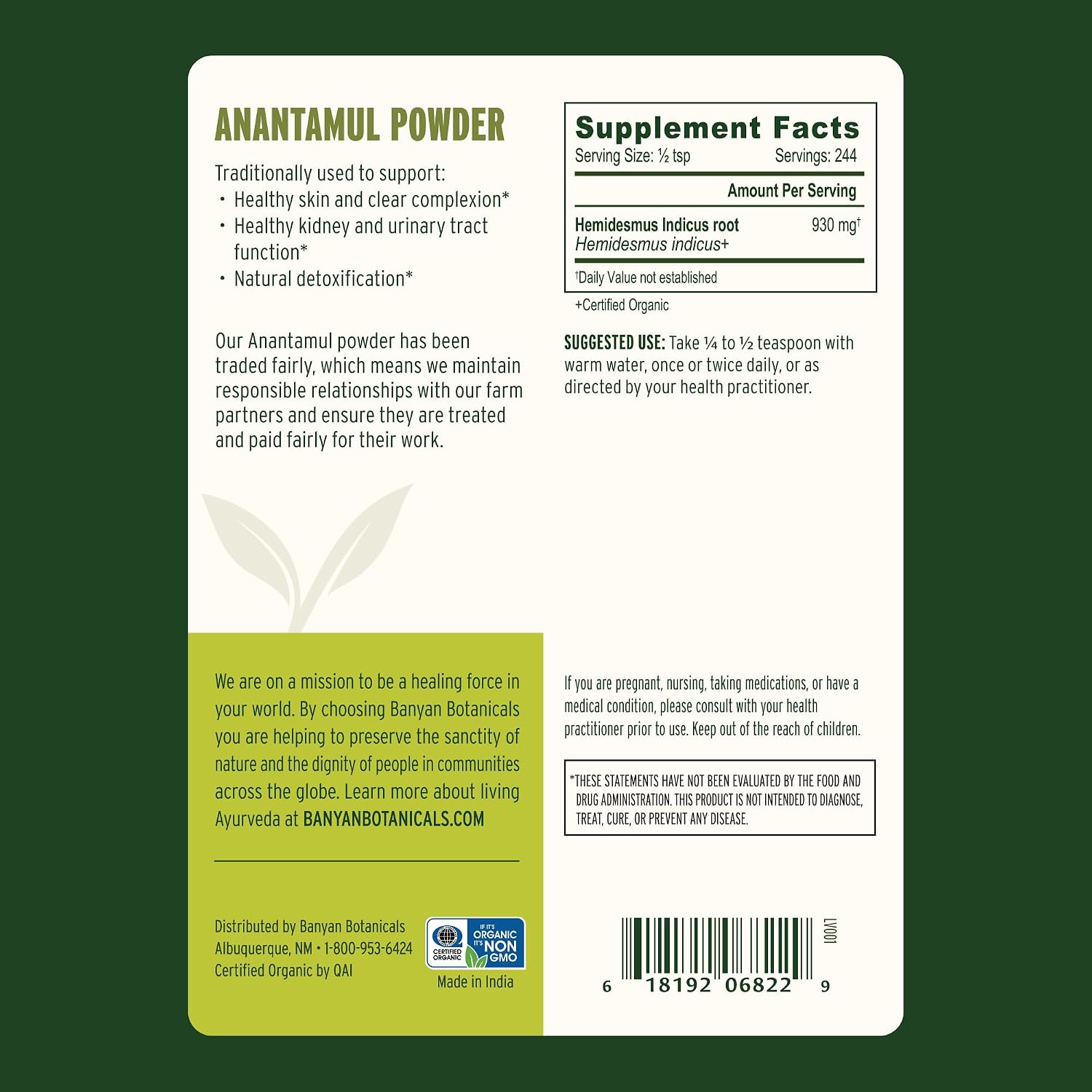 Banyan Botanicals Anantamul Powder – Organic Indian Sarsaparilla (Hemidesmus Indicus) – Cooling & Soothing Organic Skin Supplement* – 1/2 lb