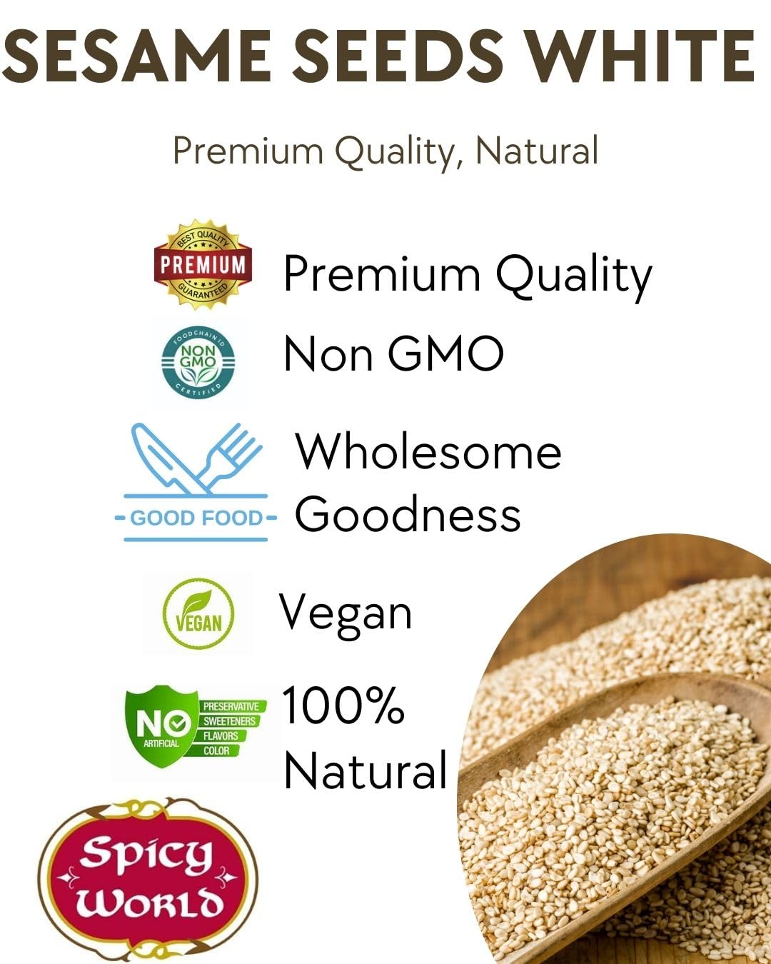 Spicy World White Sesame Seeds 3 LB Bag - Natural, Raw, Hulled, Non-GMO, Bulk Resealable Bag