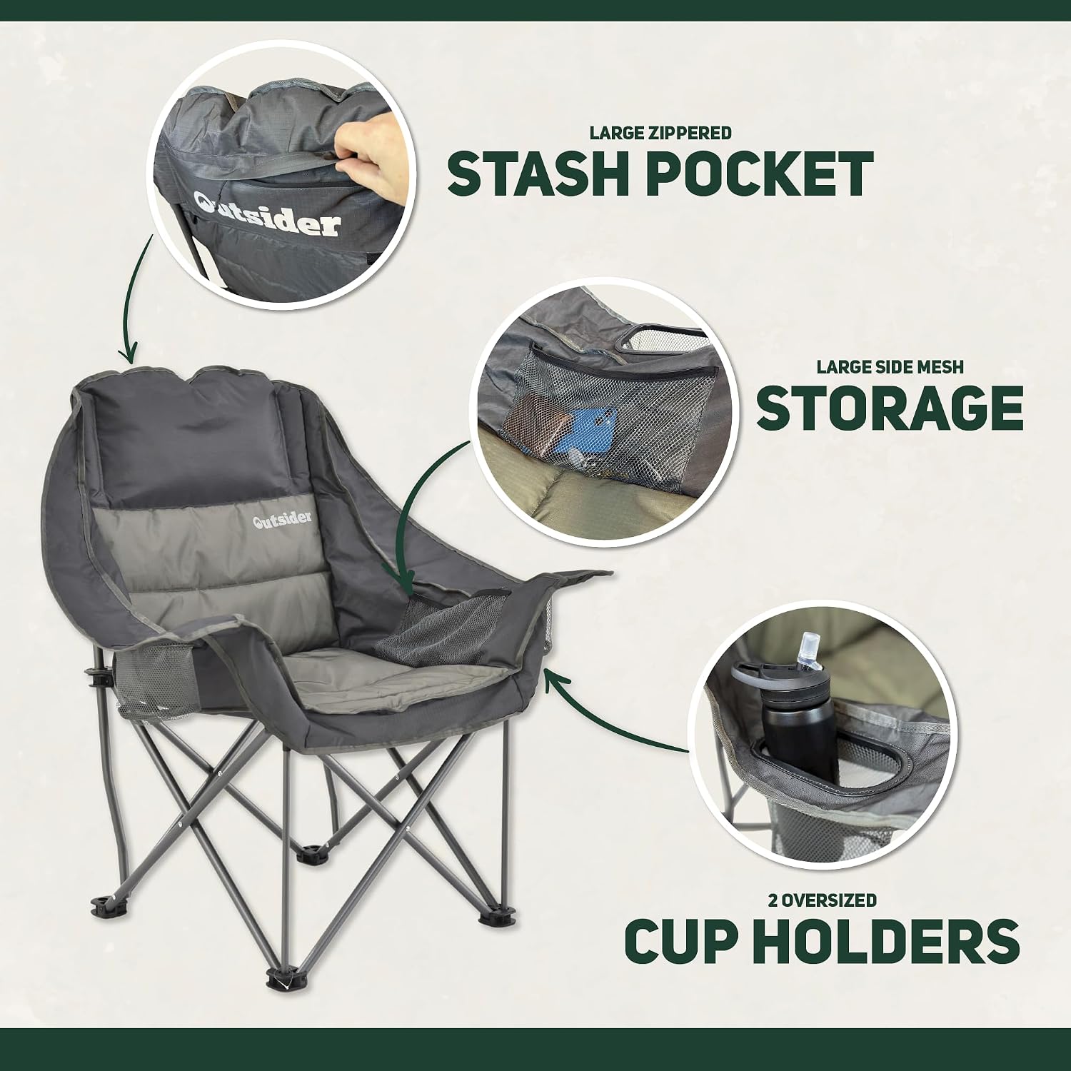 OUTSIDER Oversized Padded Folding Camping Chair | Heavy Duty Padded Outdoor Chair with 400 Lbs Weight Capacity for Camping, Lawn, Balcony, Patio.