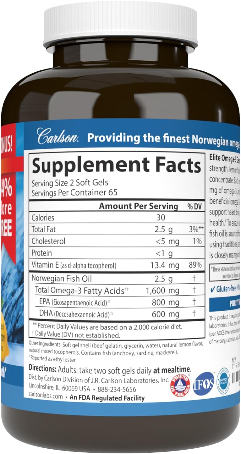 Carlson Elite Omega-3 Gems, 1600 mg, from Norway, Lemon, 90 + 30 Softgels | Omega-3 Fatty Acids Including EPA and DHA; Wild-Caught Fish Oil Supplement; Sustainably Sourced Omega 3 Fish Oil Capsules