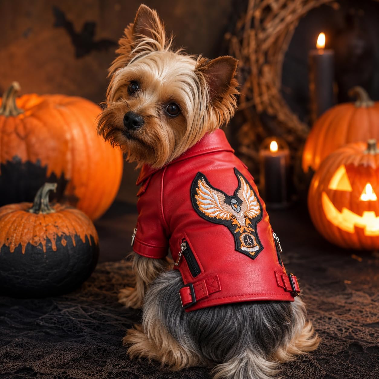 Lovelonglong Cool Dog Leather Jacket, Warm Coats Dogs Windproof Cold Weather Coats for Large Medium Small Dogs with Eagle Embroidery Black XS
