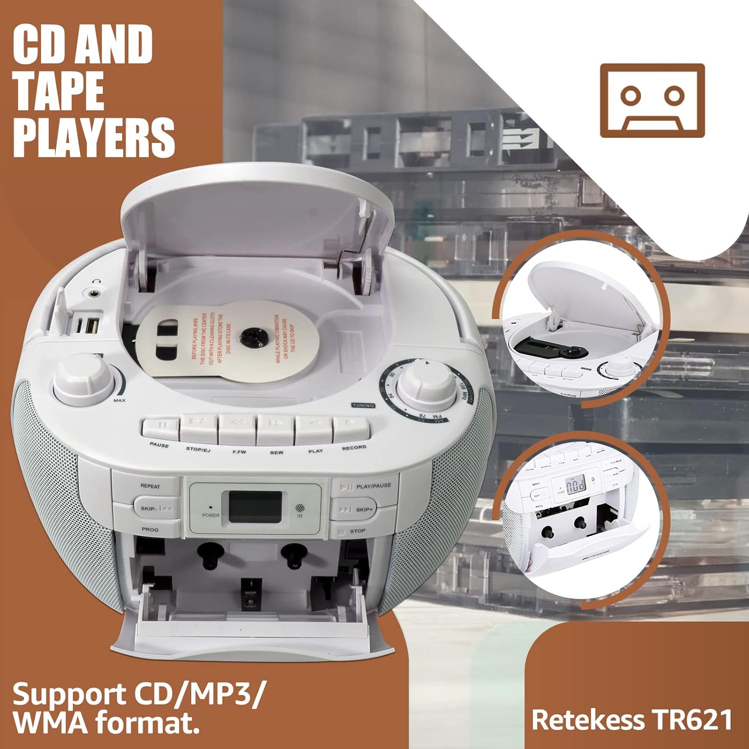 Retekess TR621 CD and Cassette Player Combo, Boombox CD Player(White)