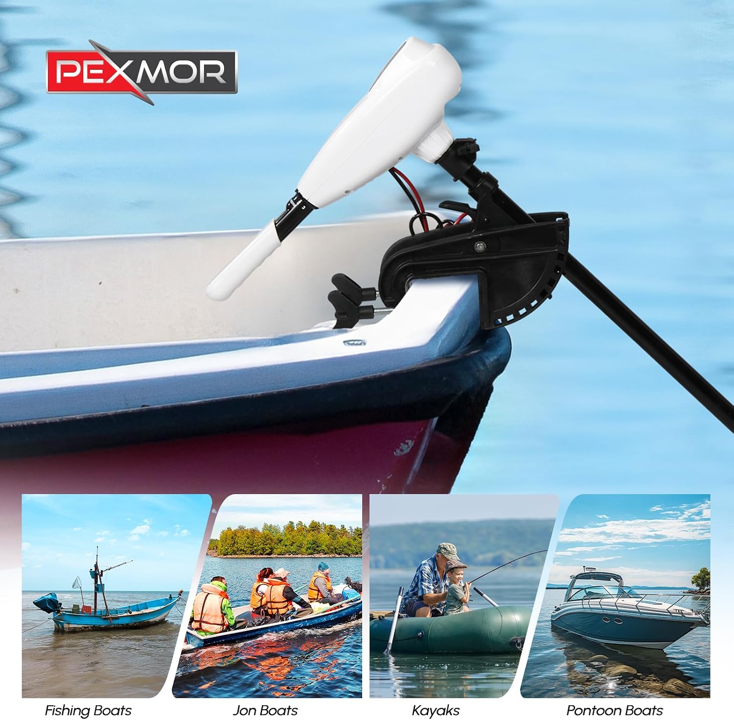 PEXMOR 8 Speed Electric Trolling Motor, Electric Outboard Boat Motor w/Adjustable Handle & LED Indicator, Transom Mounted for Saltwater, Kayak