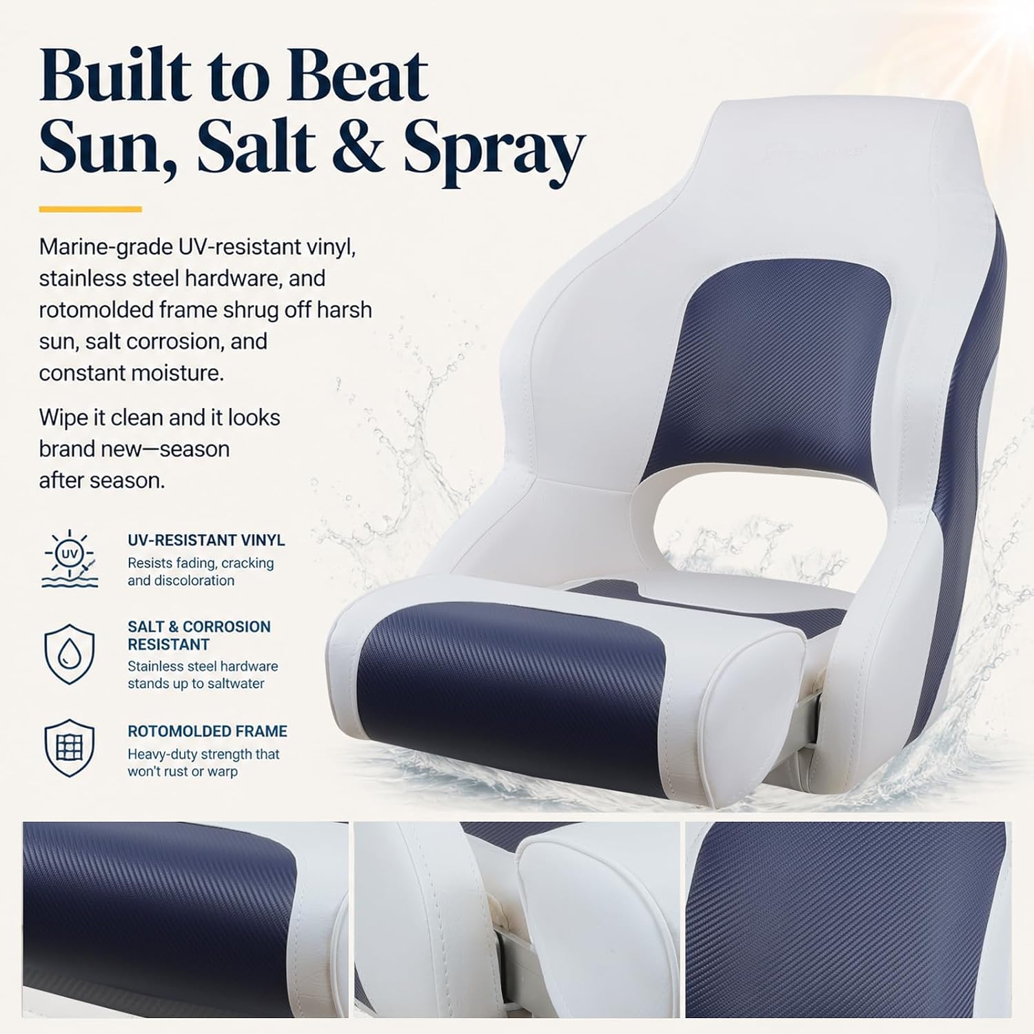 Seamander Boat Captains Chair,Captain Bucket Seat with Flip Up Bolster,Integral Rotomolded Frame, Premium EPDM Foam Material, Marine Grade Vinyl (A-White/Charcoal)