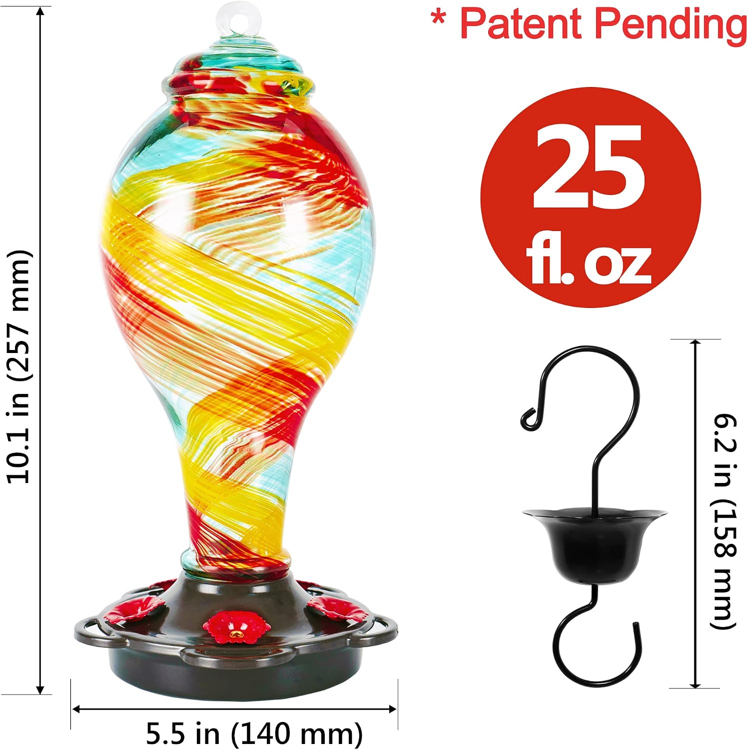 LUJII Hummingbird Feeder, Hand Blown Glass Hummingbird Feeder, Never Fade, 36 Fluid Ounces, 5 Feeding Metal Stations, Much Bigger, Garden Backyard Decorative, Containing Ant Moat (Blue)