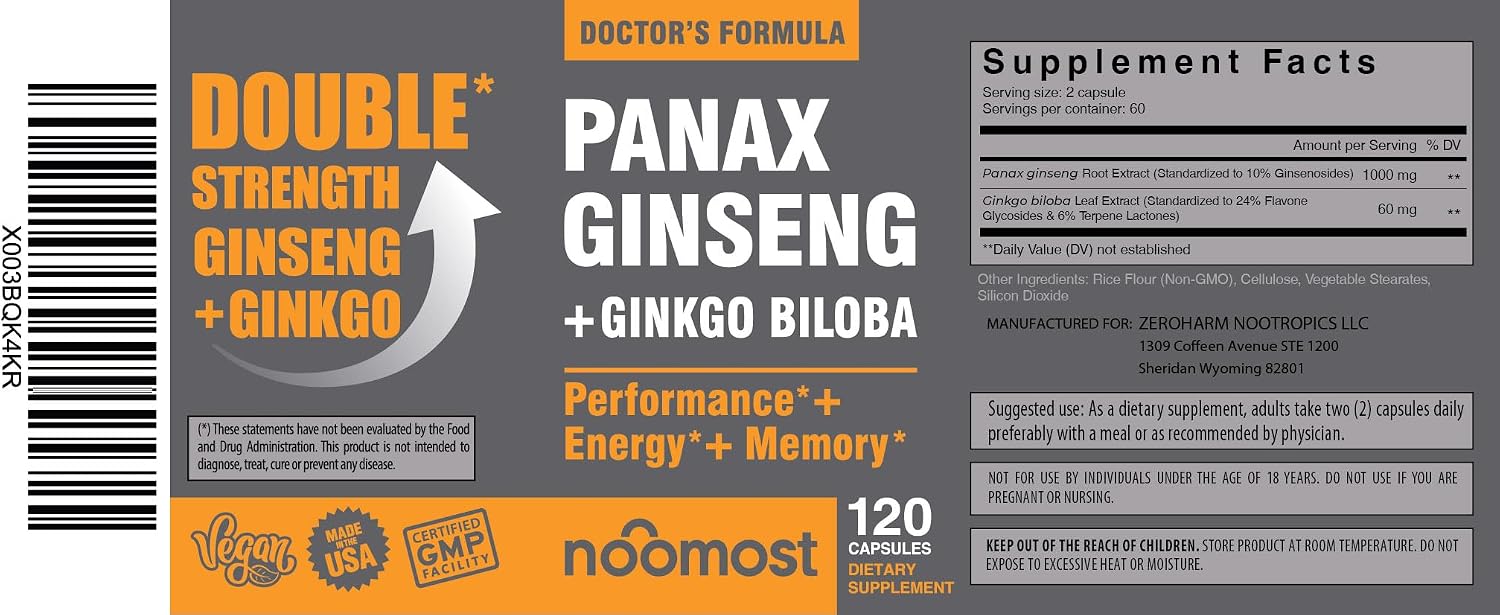 Authentic Korean Red Panax Ginseng + Ginkgo Biloba, 120 Vegan Capsules, Ginseng Root Extract Powder 1000mg (10% Ginsenosides) + Gingko Biloba 60mg