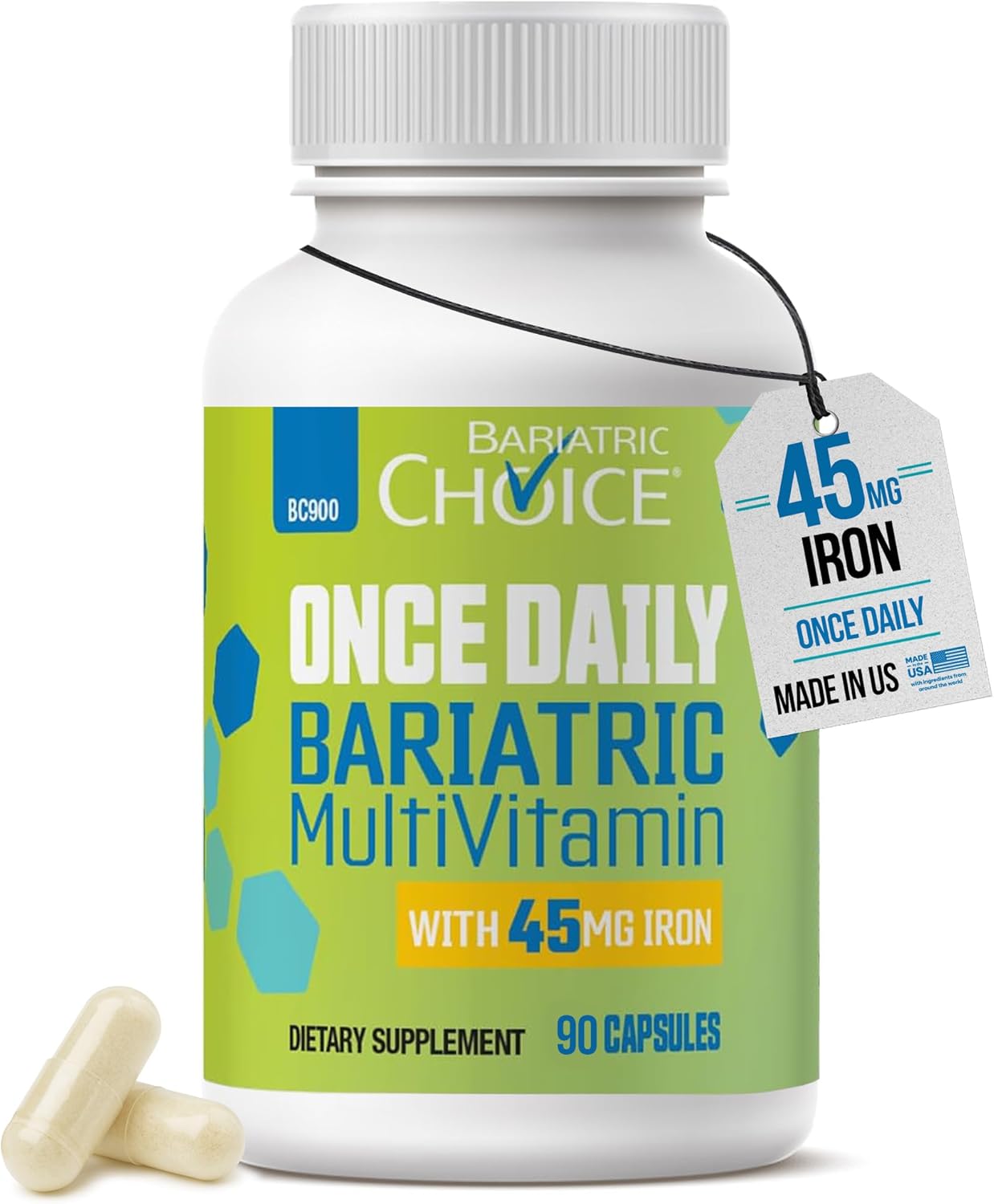 Bariatric Choice Once Daily Bariatric Multivitamin with Iron 45mg, 1 Month | 1-Mo Supply, Once Daily Easy-to-Swallow Capsule for Gastric Bypass & Sleeve Patients – High Potency Vitamins A, D, B12, More